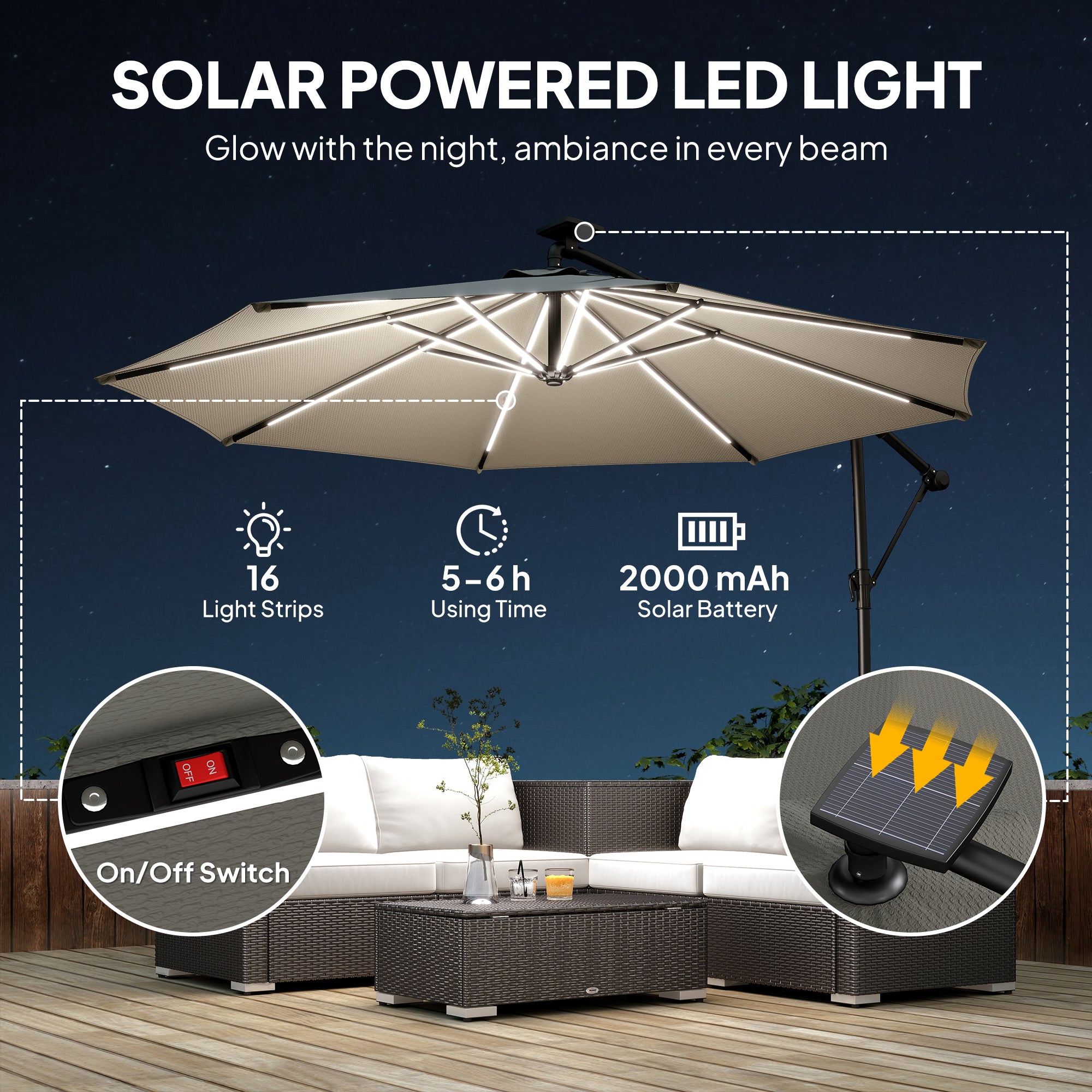 3 m Garden Cantilever Parasol with LED Solar Light, Round Overhanging Umbrella with 360° Rotation, Cover, Grey