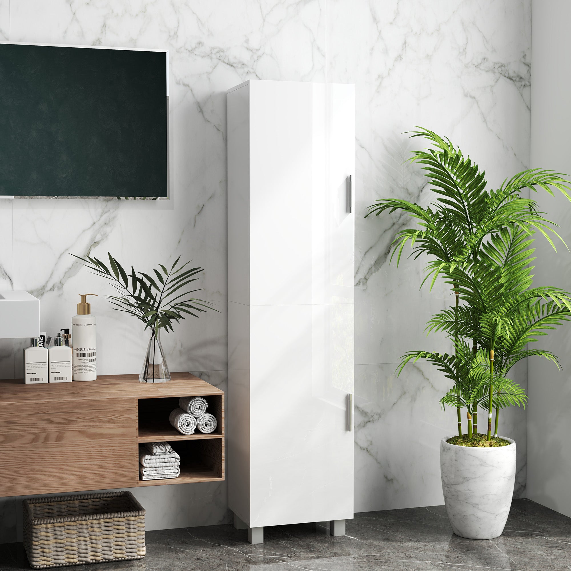 Tall Freestanding Bathroom Cabinet with Adjustable Shelves and Double Doors - White