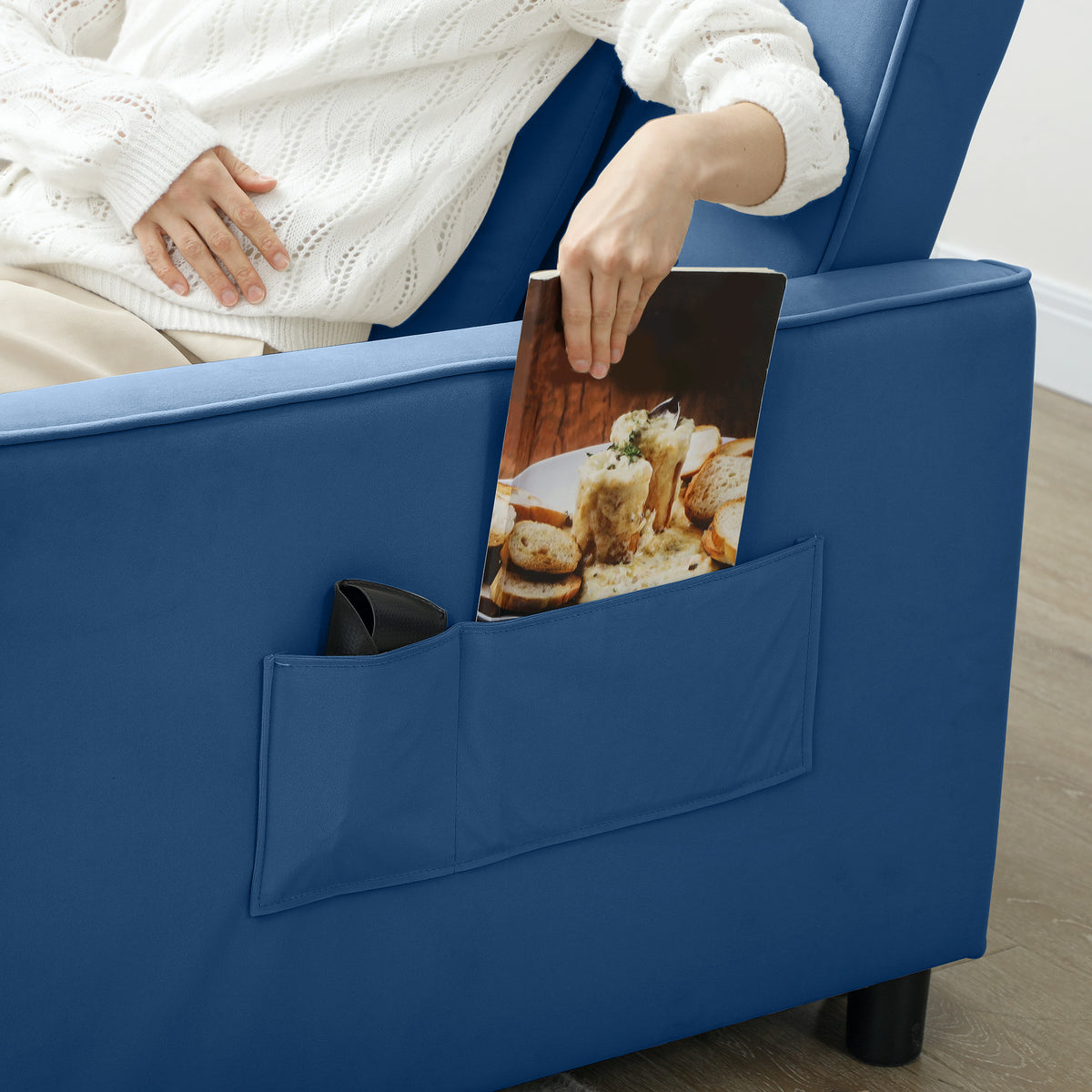 Three-Person Velvet-Feel Sofa Bed with Cushions and Adjustable Backrest - Blue