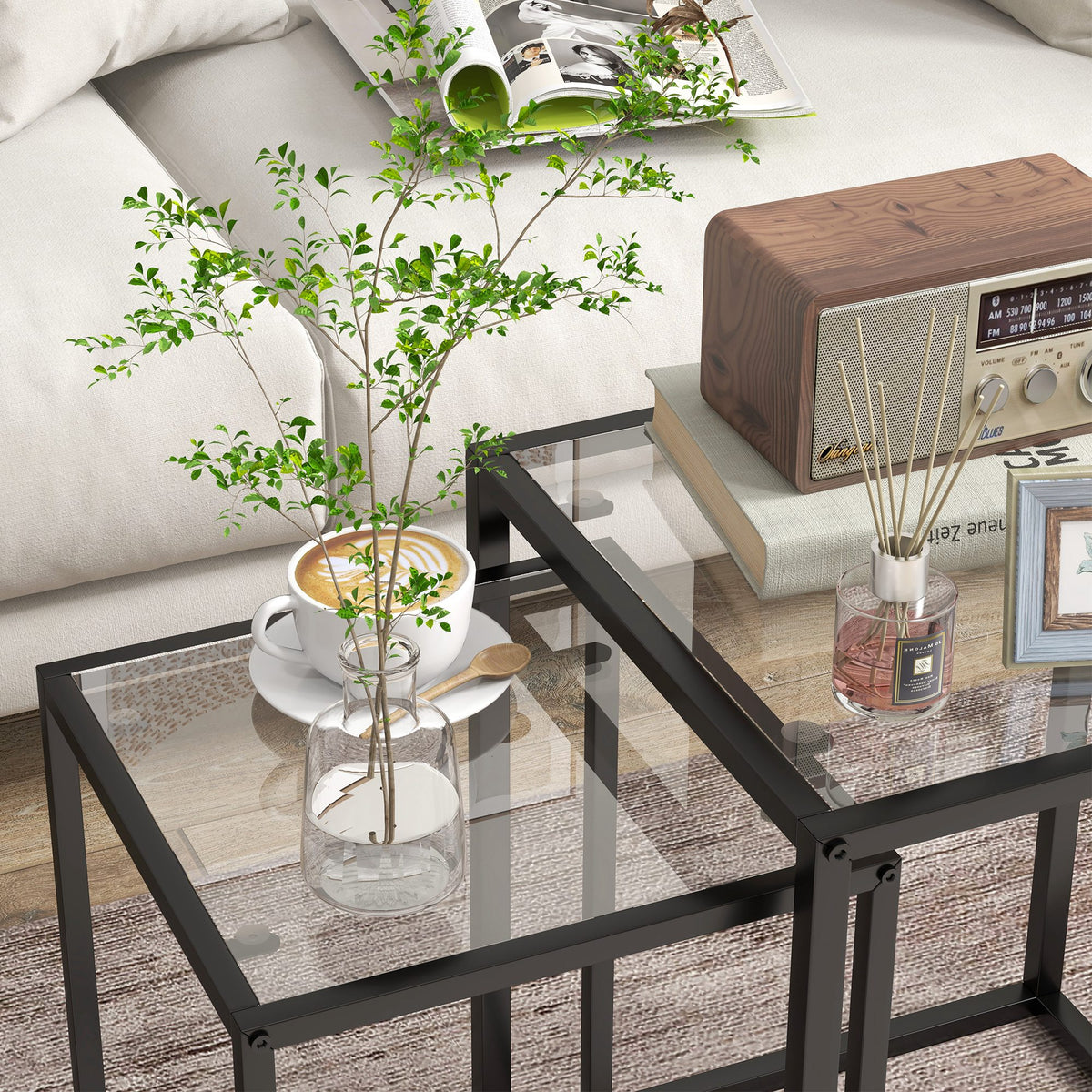 Nesting Tables Set of 2 with Tempered Glass Top and Steel Frame - Black