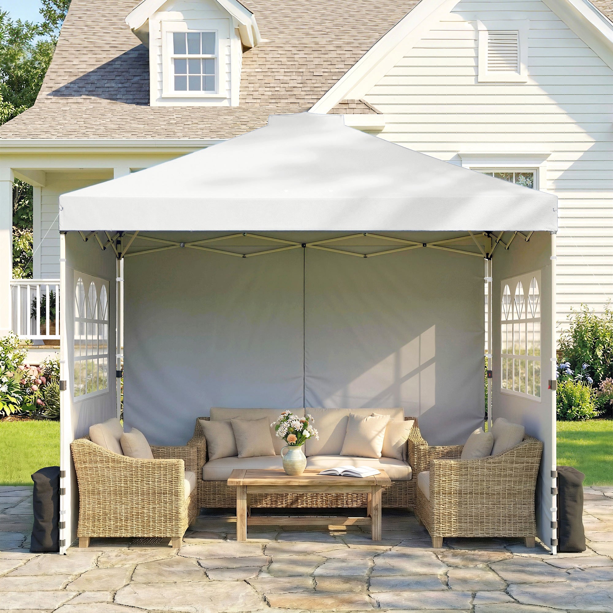 Pop Up Gazebo Waterproof Height Adjustable Canopy with 3 Sidewalls Wheeled Bag for Parties 3 x 3 m White