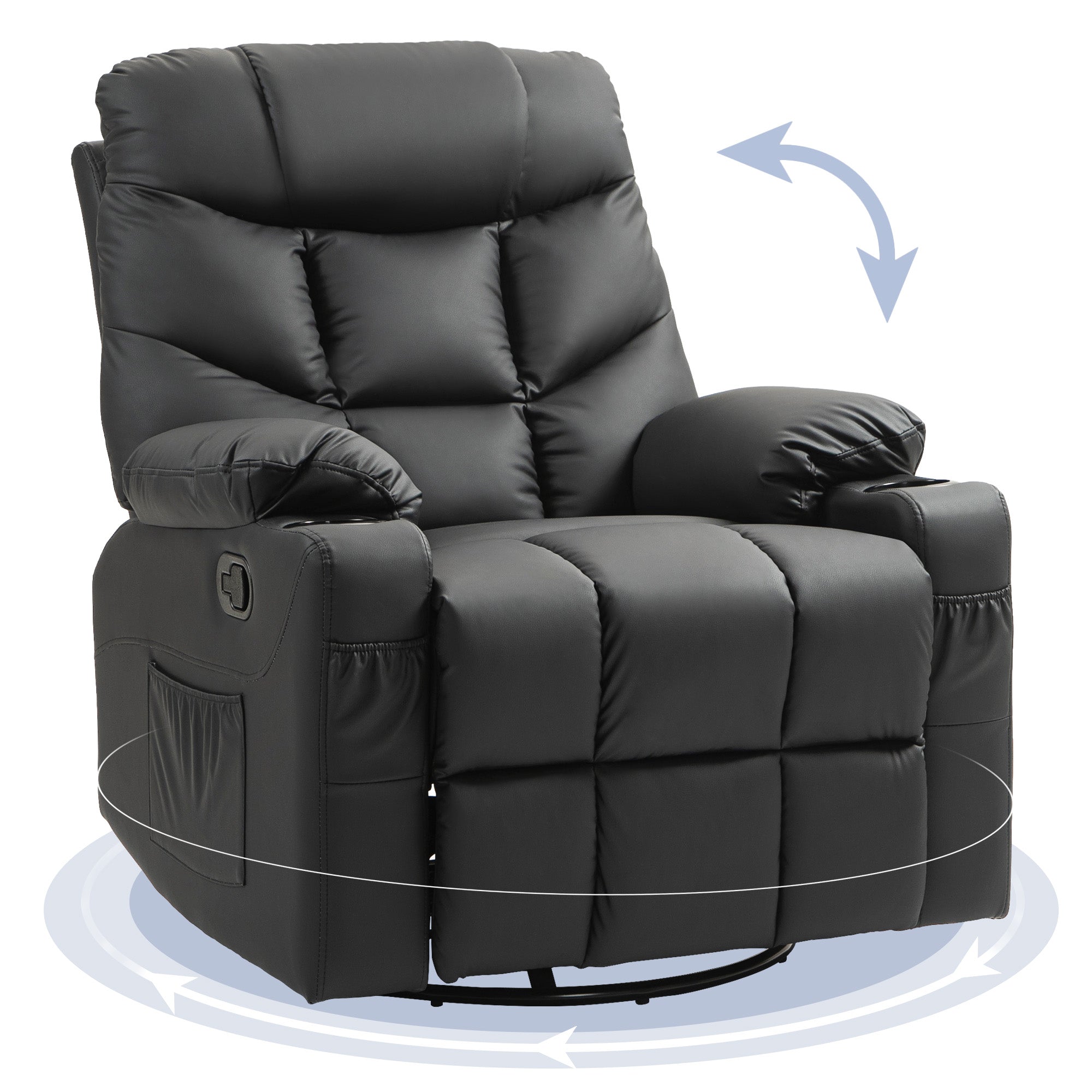 Manual Reclining Chair, Recliner Armchair with Swivel, Faux Leather, Footrest, Cup Holders, 86x93x102cm, Black