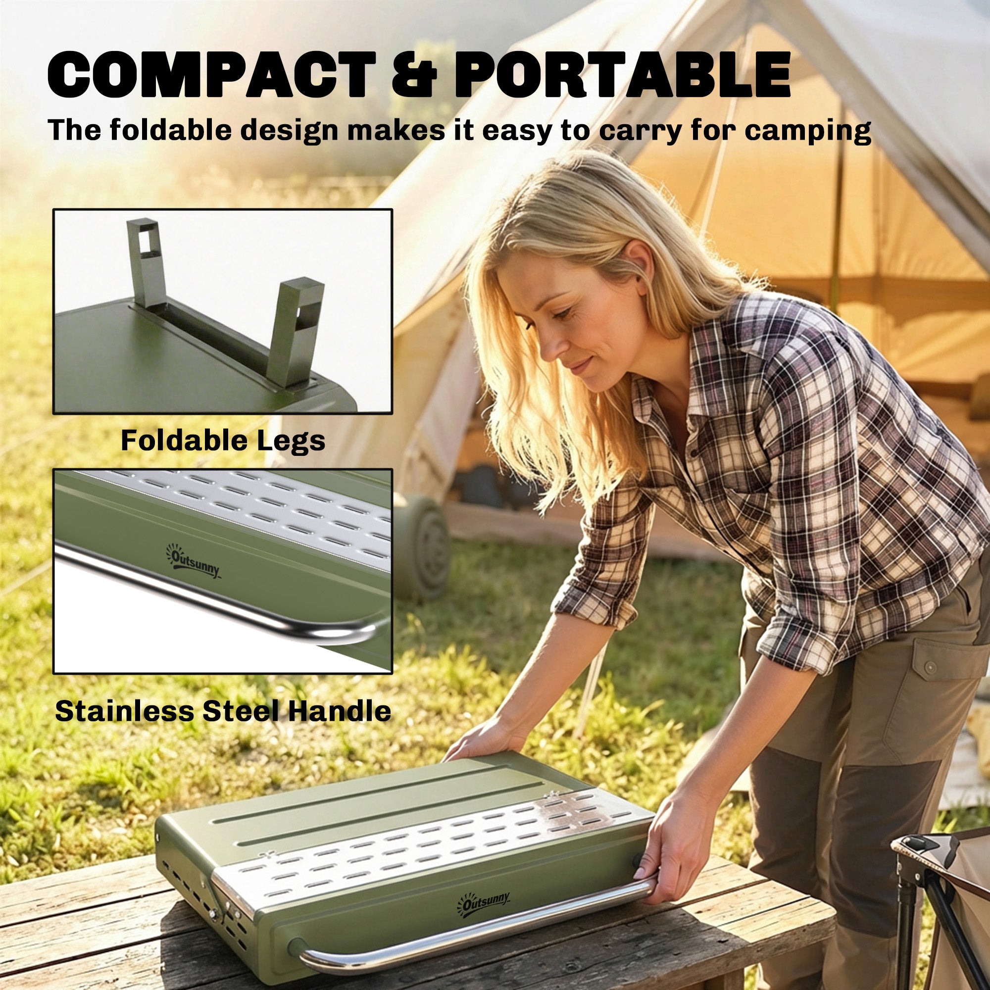 Portable BBQ Grill, Charcoal Barbecue Grill with Adjustable Grates, Foldable Legs, Side Shelf for Camping Travel, Green