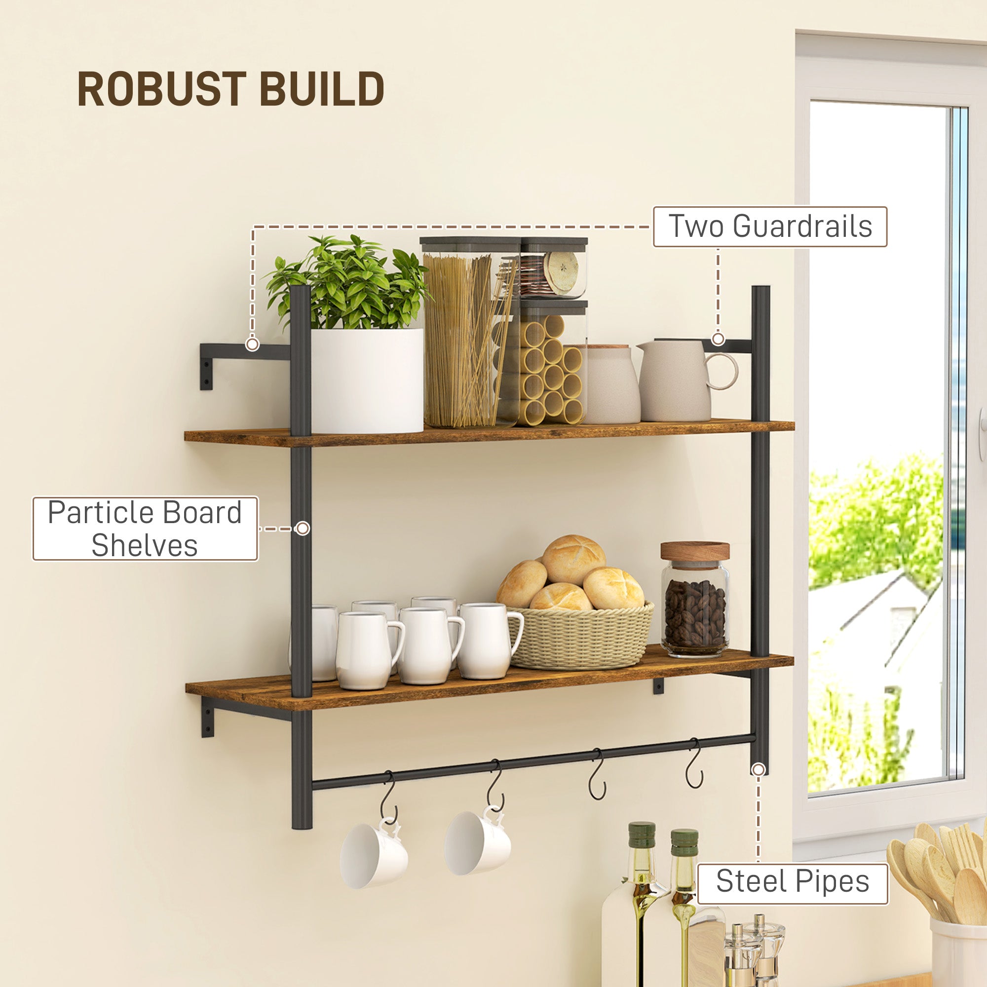 Wall Mounted Floating Shelf Unit with 4 Hooks, Rustic Brown