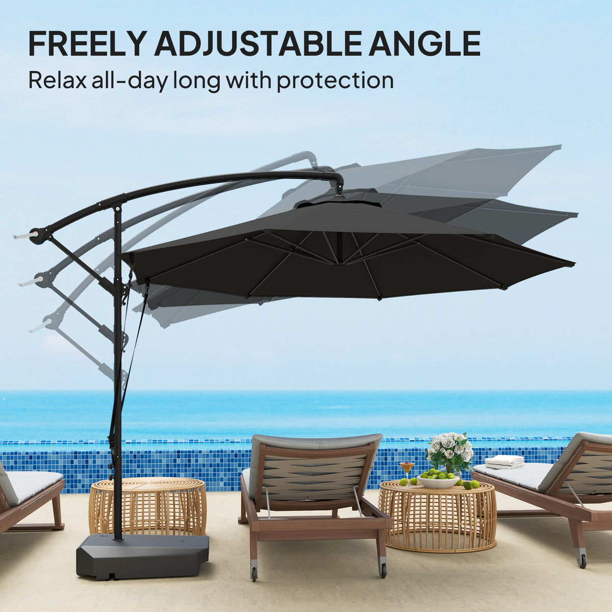 3m Garden Cantilever Parasol with Fillable Base, Wind Straps, Crank Handle & Tilt, UPF50+ Round Hanging Umbrella - Grey