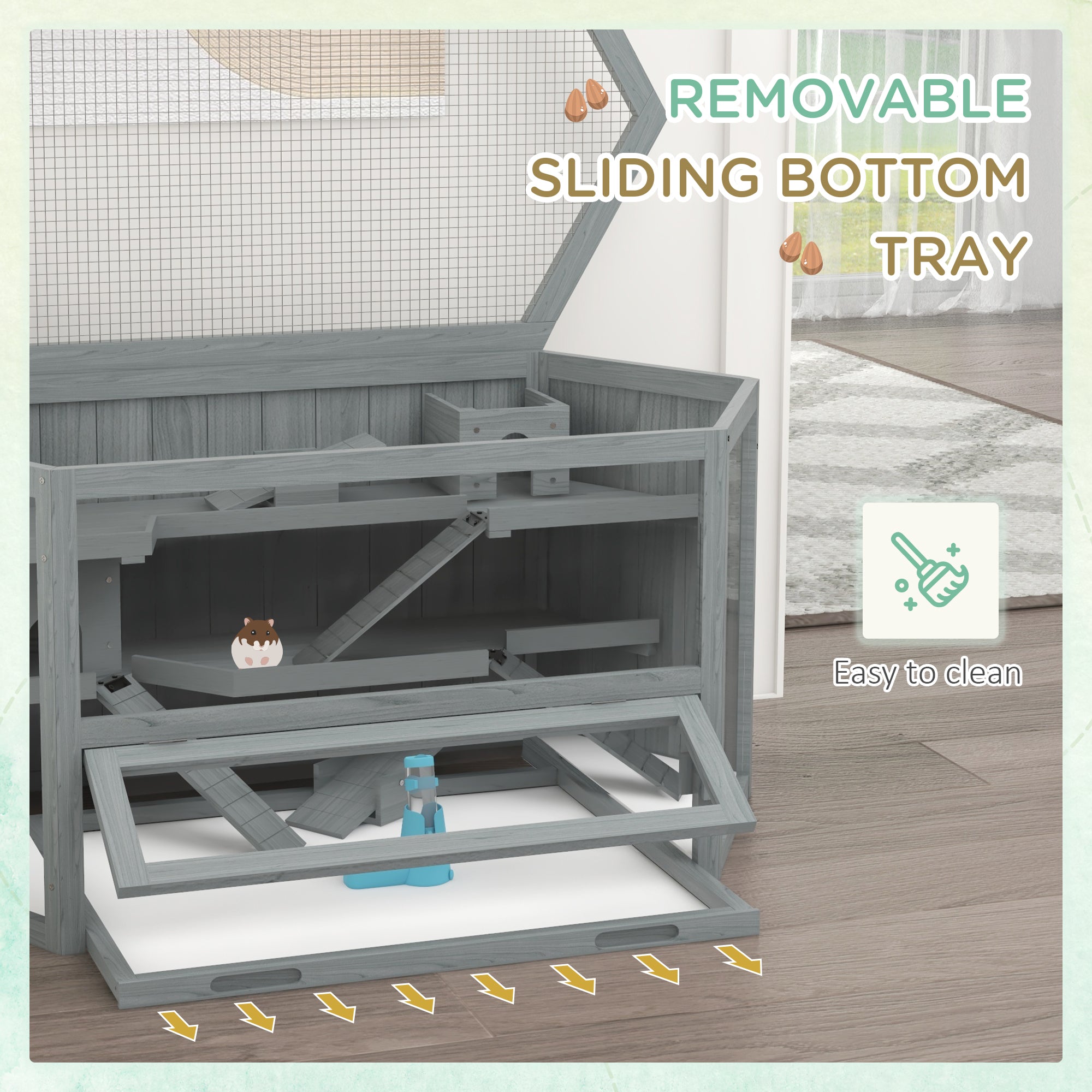 3 Tier Wooden Large Hamster Cage with Sliding Tray, Seesaws, Water Bottle, Grey