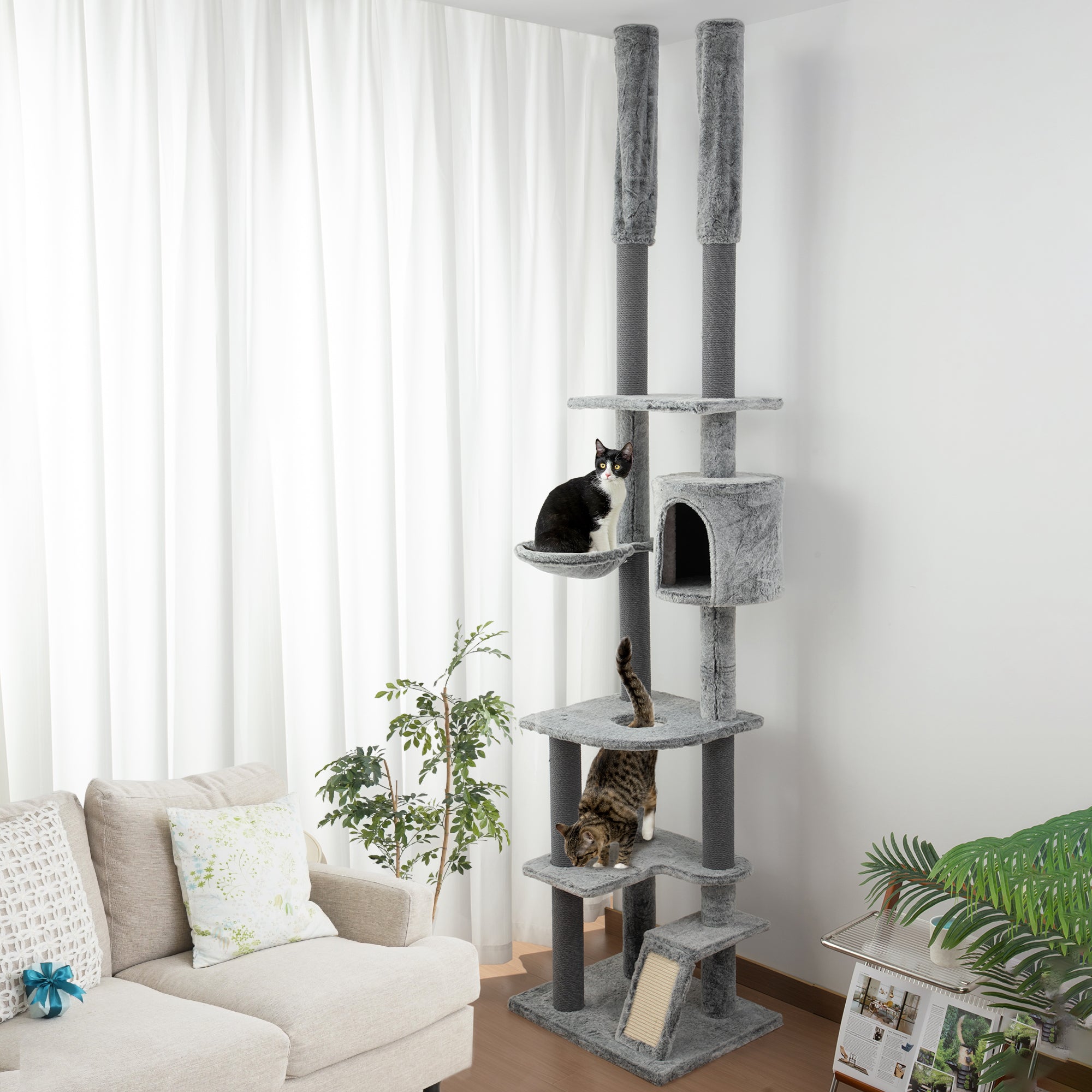 225-255cm Height Floor-to-Ceiling Cat Tree Large Cat Tower w/ Cat Scratching Posts, Ramp, Condo