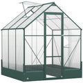 6x6ft Aluminium Walk-In Garden Greenhouse with Polycarbonate Panels, Plant Beds & Temperature Controlled Window - Green