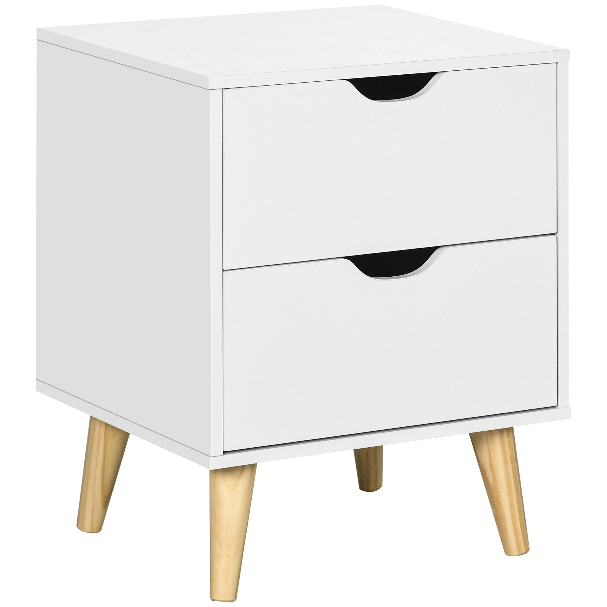 Bedside Table, Bedside Cabinet with 2 Drawers, Side End Table with Pine Wood Legs for Bedroom Living Room, White