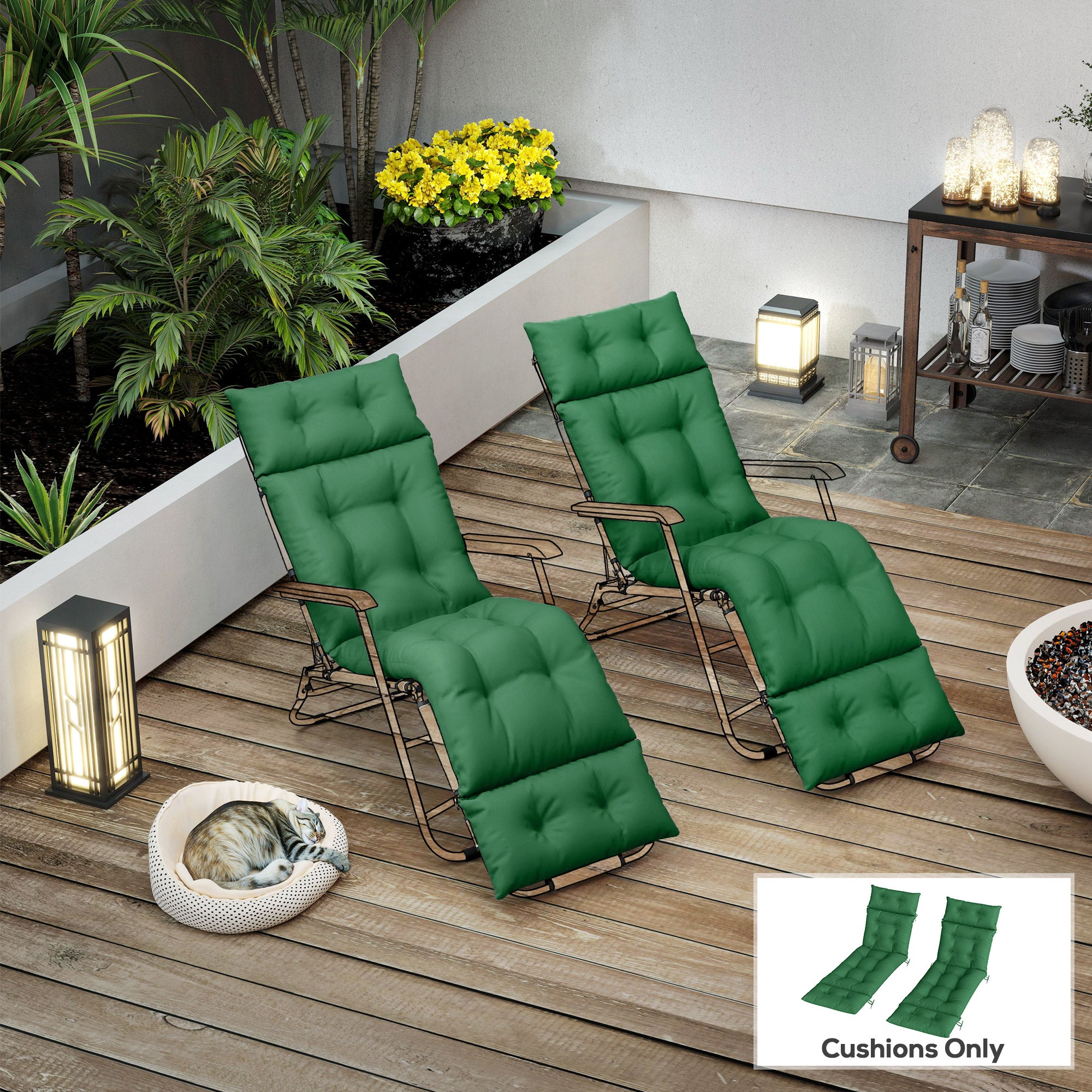 Set of Two 190 x 56cm Sun Lounger Cushions - Green