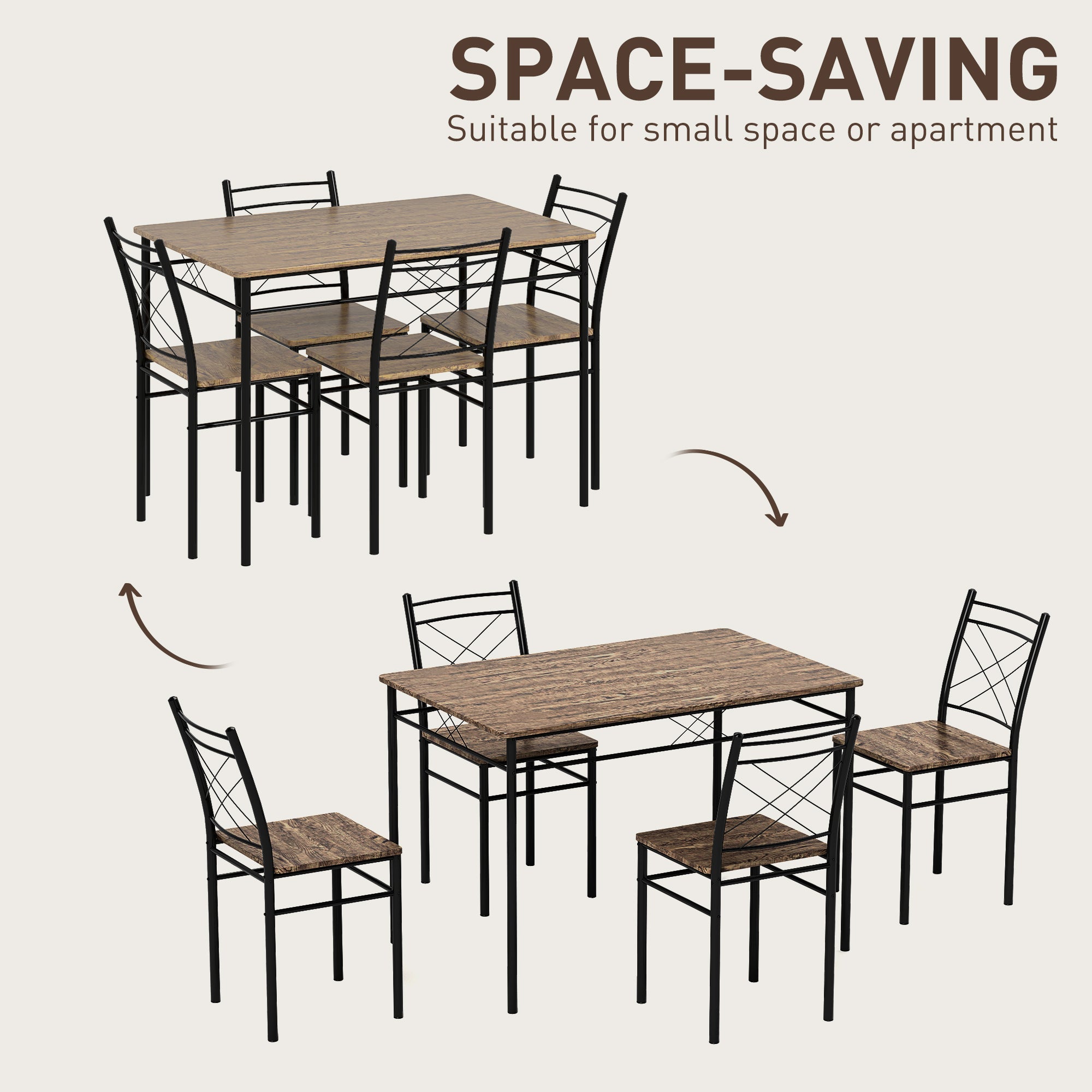 Modern Dining Table Set for 4, Space-Saving 5 Pieces Kitchen Table Set with Rectangle Table and Steel Frame, Oak