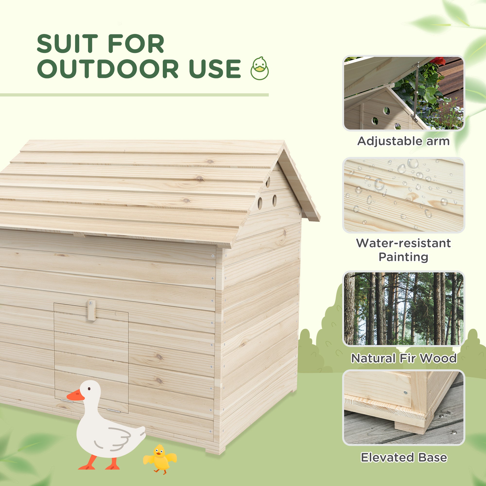 Wooden Duck House Poultry Coop for 2-4 Ducks with Openable Roof Raised Feet Air Holes Natural