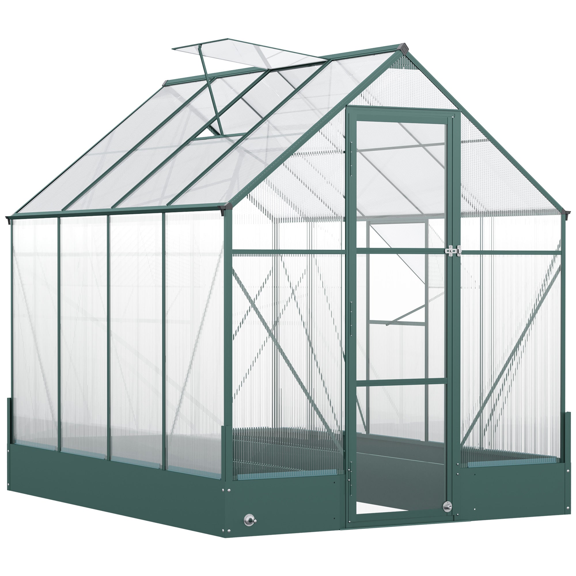 Garden Walk-in Aluminium Greenhouse Polycarbonate with Plant Bed, Temperature Controlled Window, Foundation, 6 x 8ft