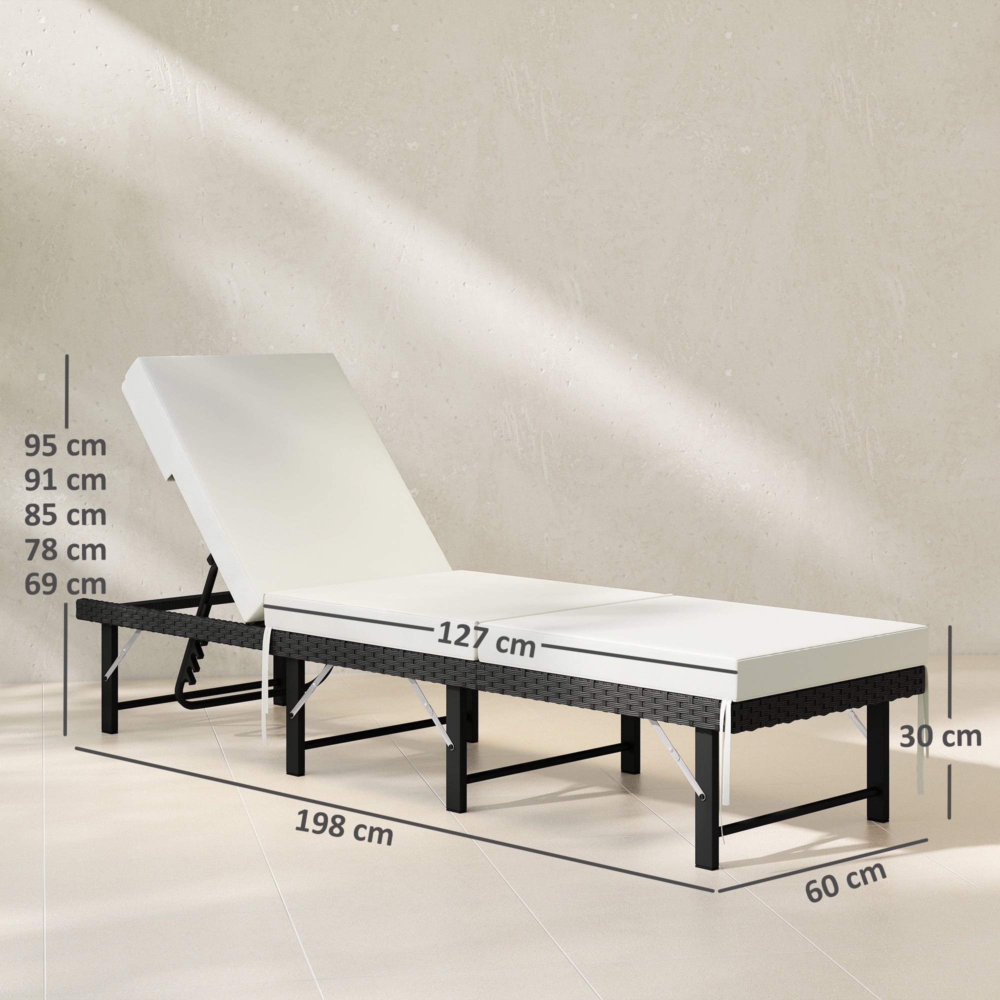 Single Folding Rattan Sun Lounger, with Cushion - Black