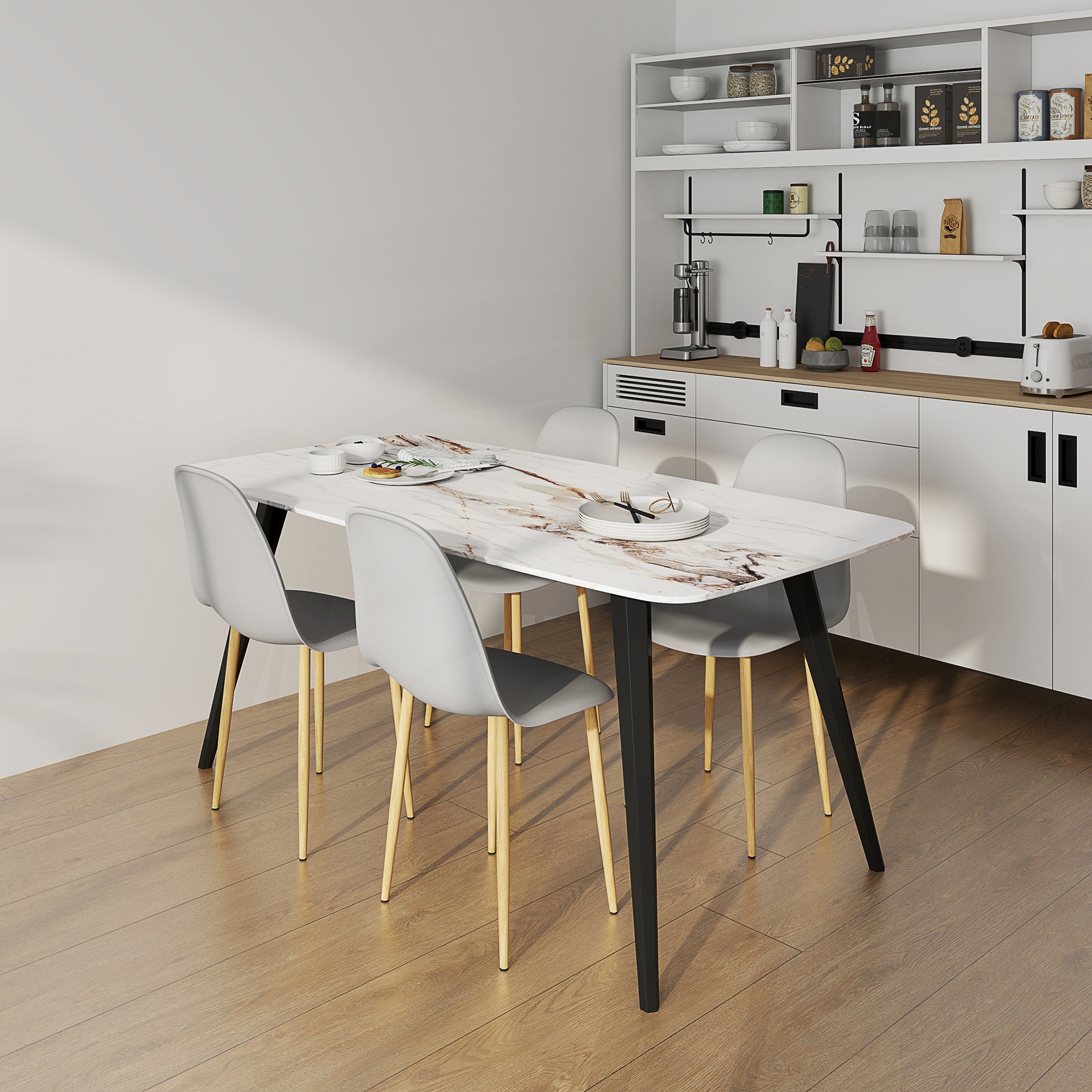 Modern Dining Chairs Set of 4, Kitchen Chairs with Backrest and Steel Legs for Dining Room, Living Room, Grey