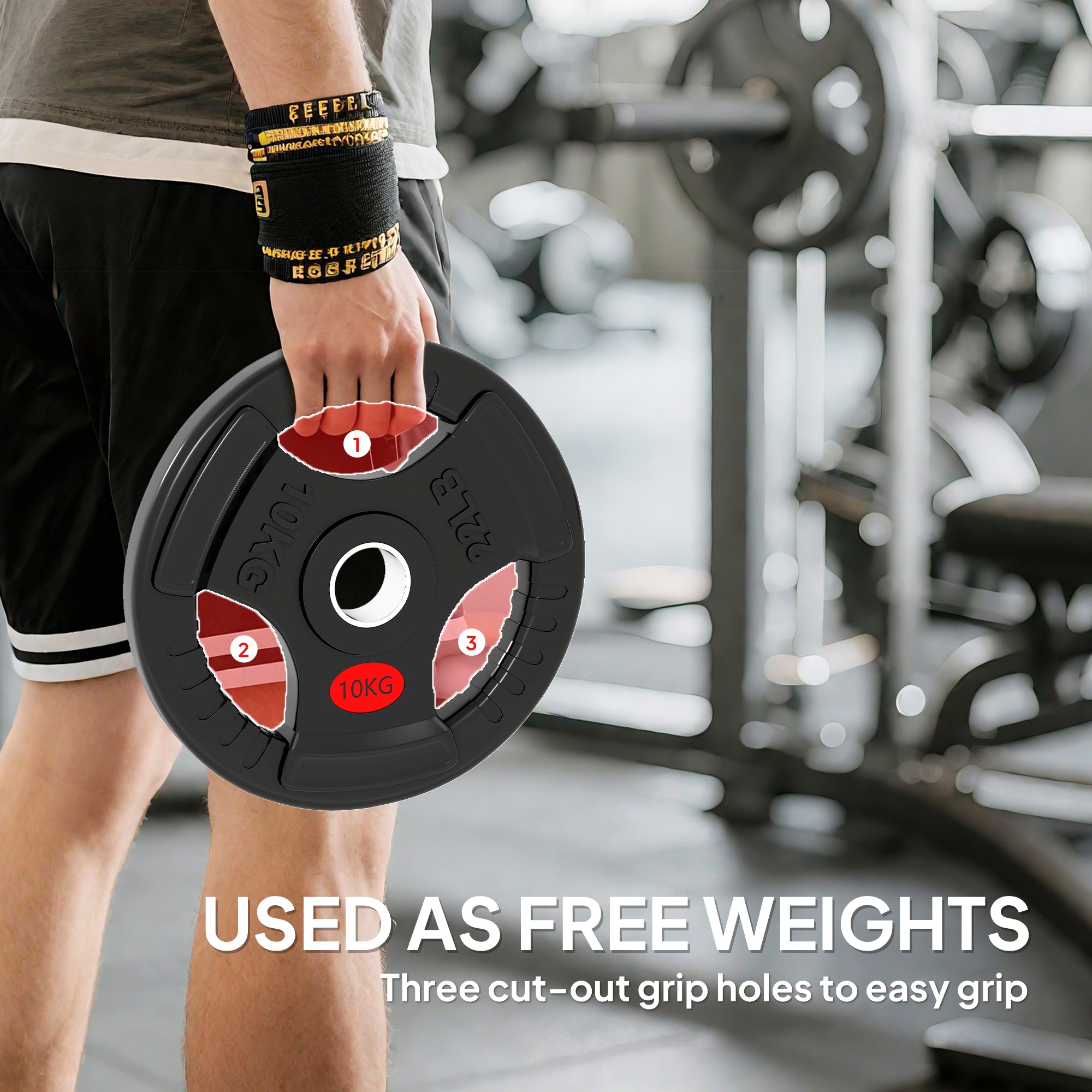 Olympic Weight Plates, 2"/5cm Weight Disc Pair with Tri-Grips, 2 x 10kg Dumbbell Plates for Weightlifting and Strength Training Home Gym Fitness Workout, Black