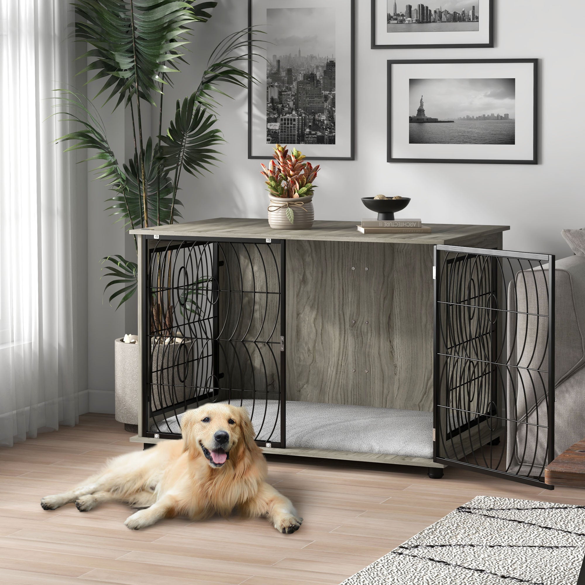 Dog Crate Furniture End Table w/ Plush Washable Cushion, Lockable Door, for Extra Large Dogs