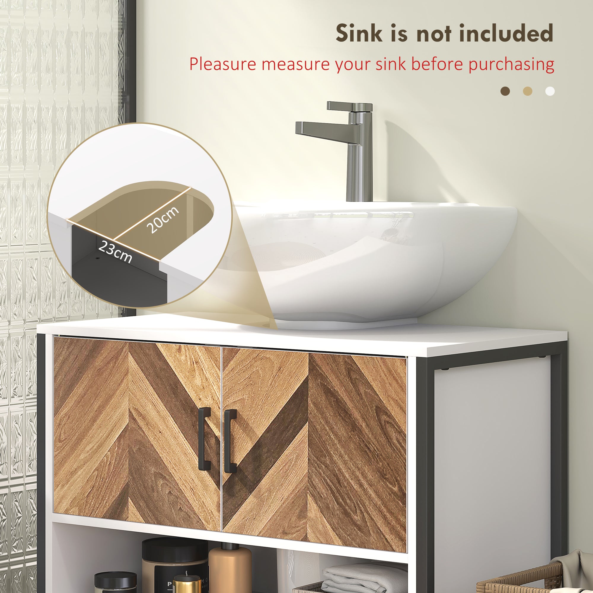 Under Sink Bathroom Cabinet, Rustic Under Sink Cabinet with Herringbone Doors and Open Compartment for Basin with or without Pedestal, 80 x 40 x 60cm, Cream White