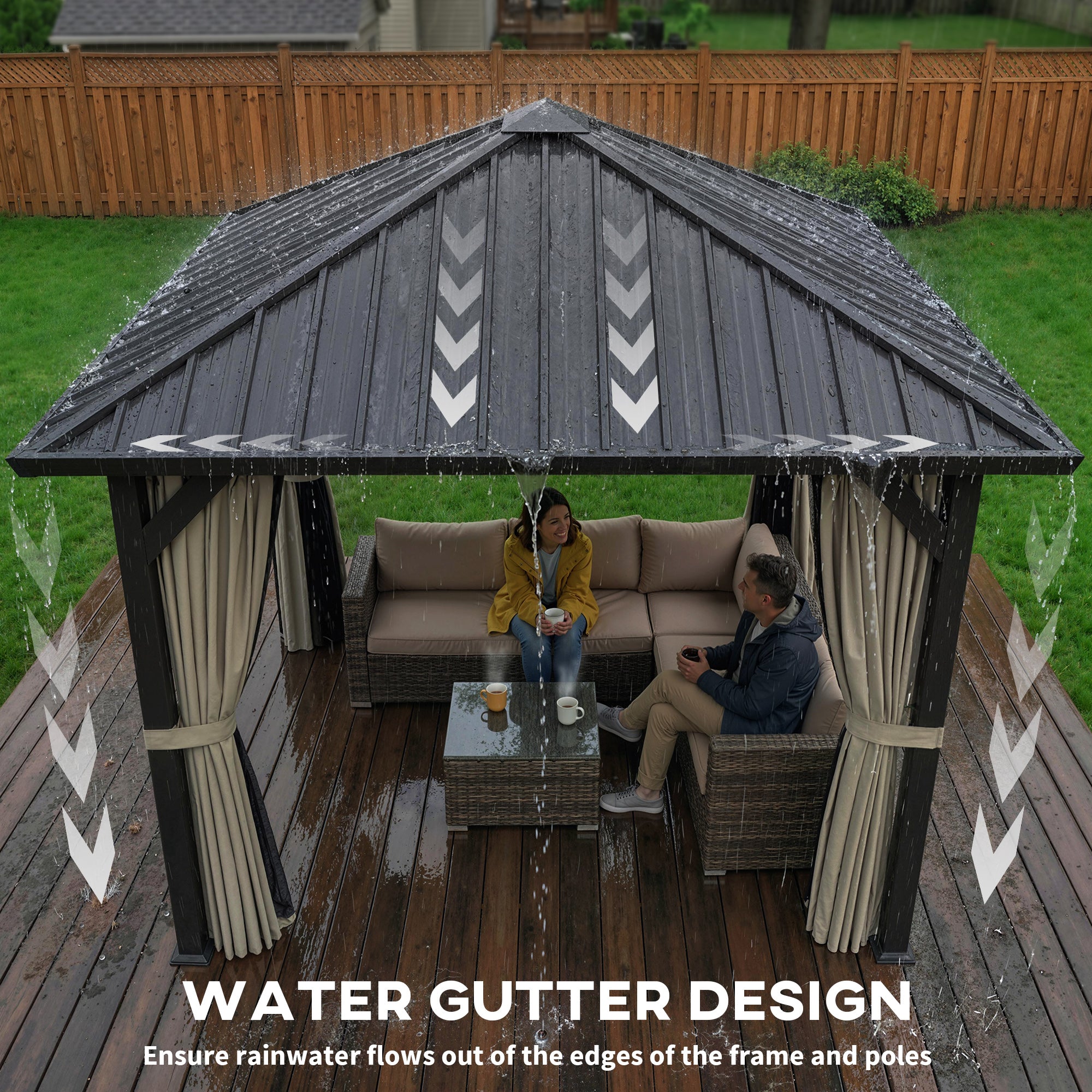 3 x 3(m) Hardtop Gazebo with Galvanised Steel Roof and Water Gutter, Waterproof Permanent Pavilion Garden Gazebo with Netting and Curtains for Patio, Deck, Black