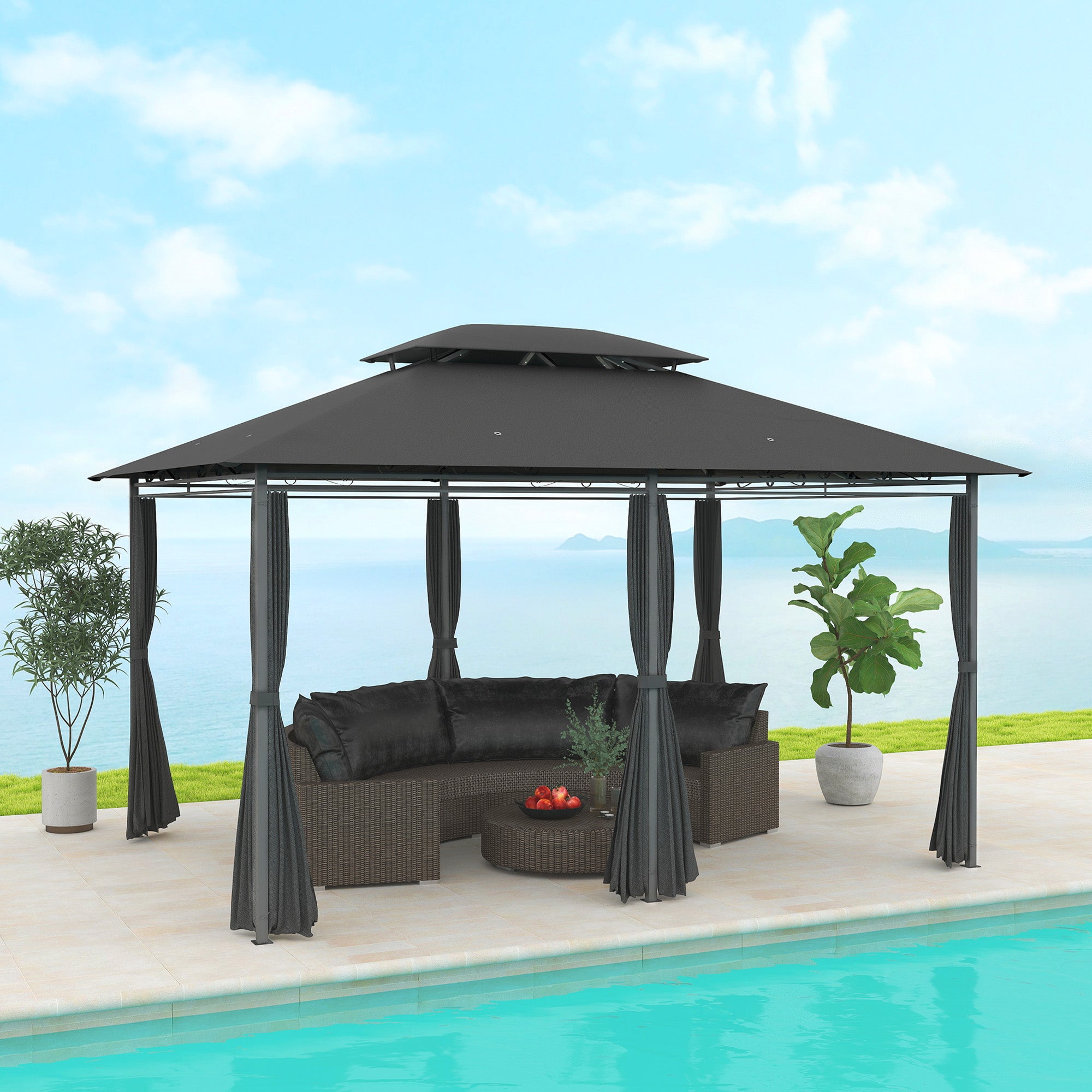 3 x 4m Steel Gazebo, with Curtains - Black