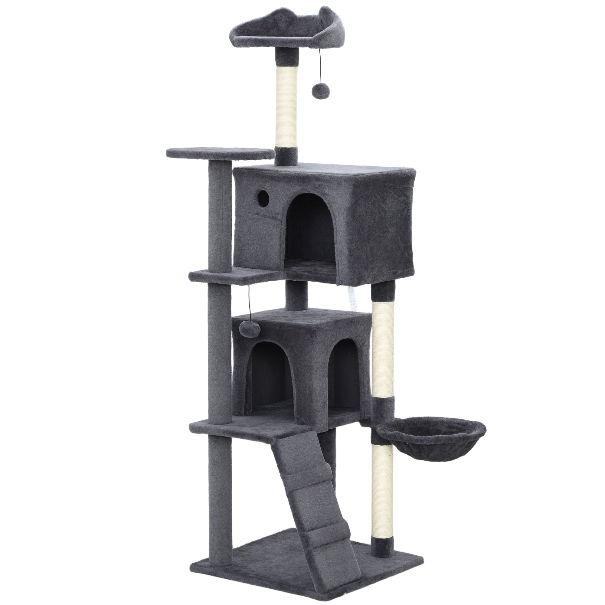 160cm Large Cat Tree Tower with Sisal Scratching Posts, Condos, Plush Perches, Hammock, Ladder, Dark Grey