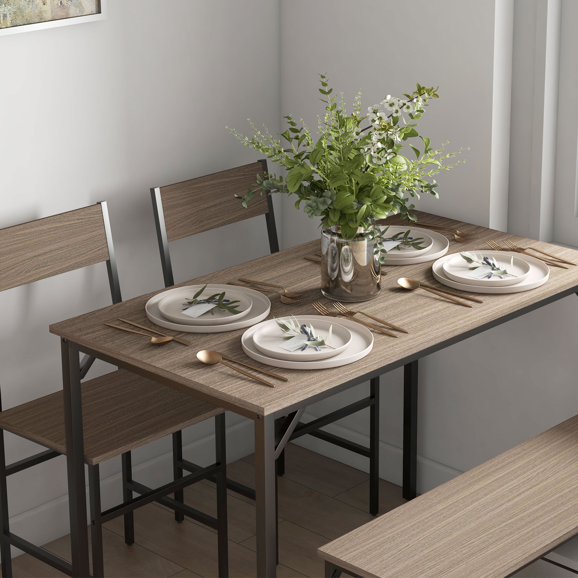 Four-Piece Dining Set, With Table, Chairs and Bench