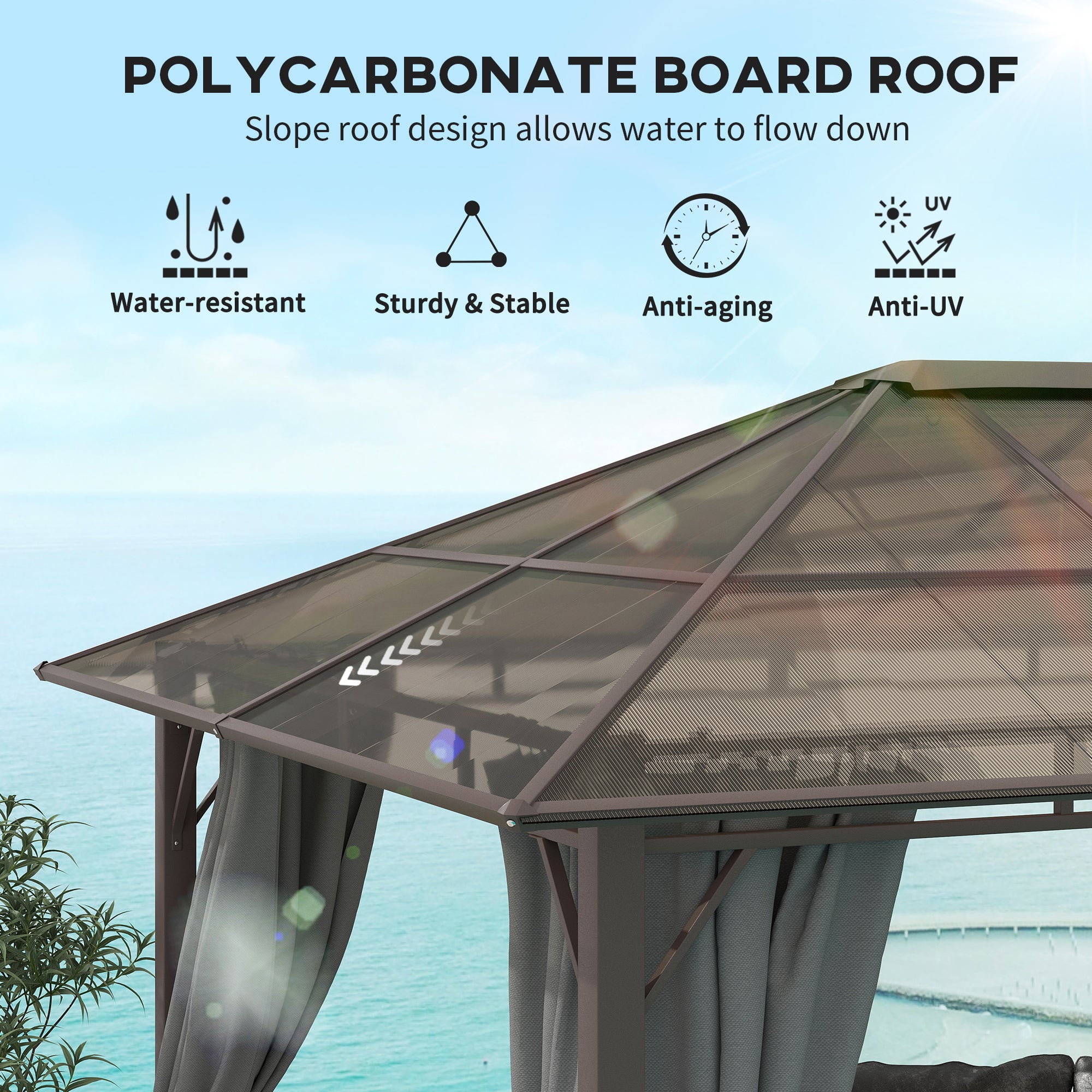 3.6 x 3 Metre Hardtop Gazebo with Polycarbonate Roof and Curtains - Dark Grey