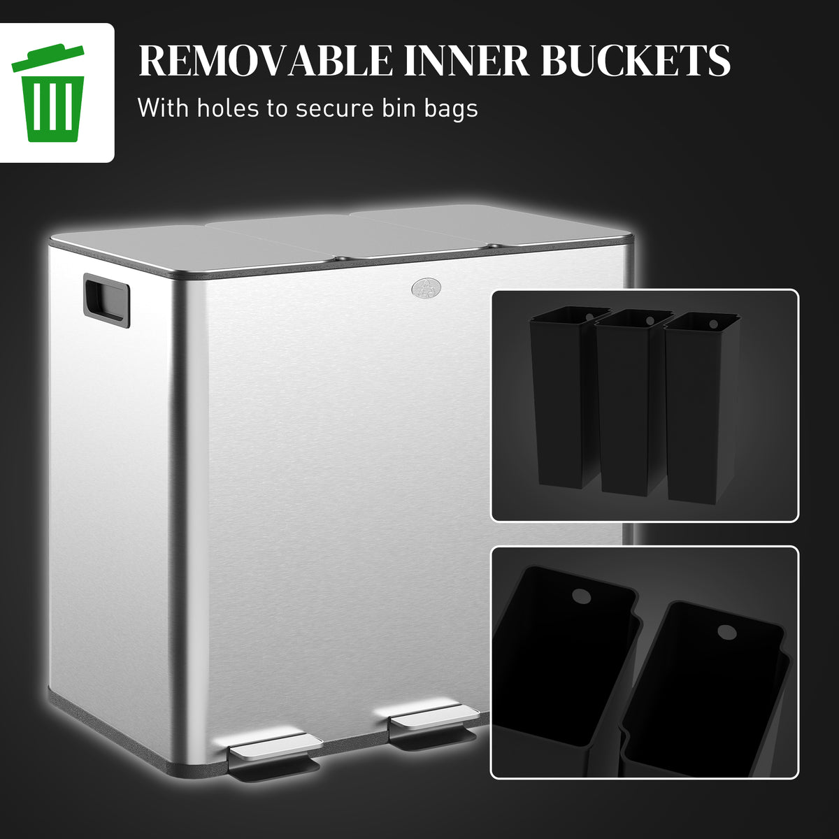 3 x 15L Steel Triple Pedal Kitchen Bin with Soft Close Lid and Removable Buckets - Silver Tone