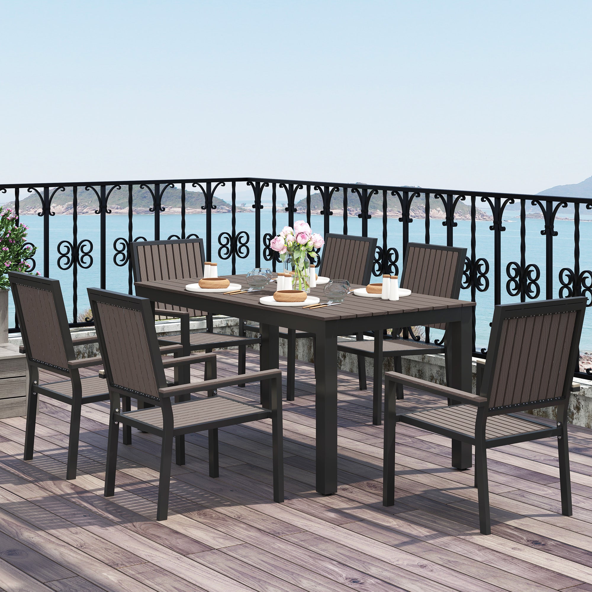 6 Seater Garden Dining Set with Stackable Chairs and Rectangular Aluminium Frame Table - Brown