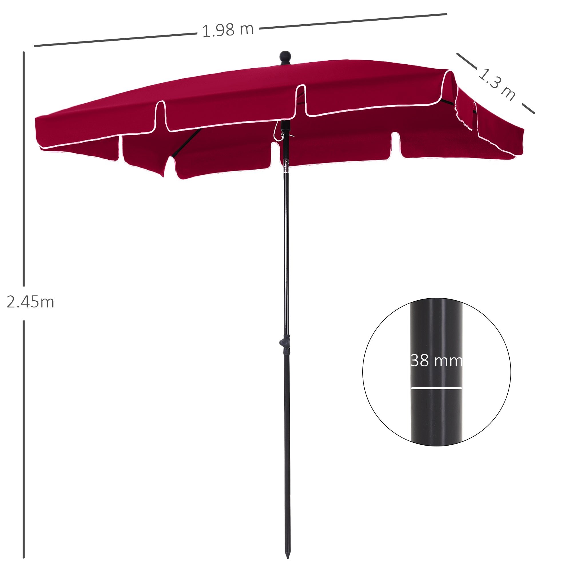 Garden Parasol Umbrella, Outdoor Market Table Umbrella with Ruffles & Aluminium Pole, Rectangular Tilting Parasol Sun Shade Canopy, 2 x 1.3m, Red