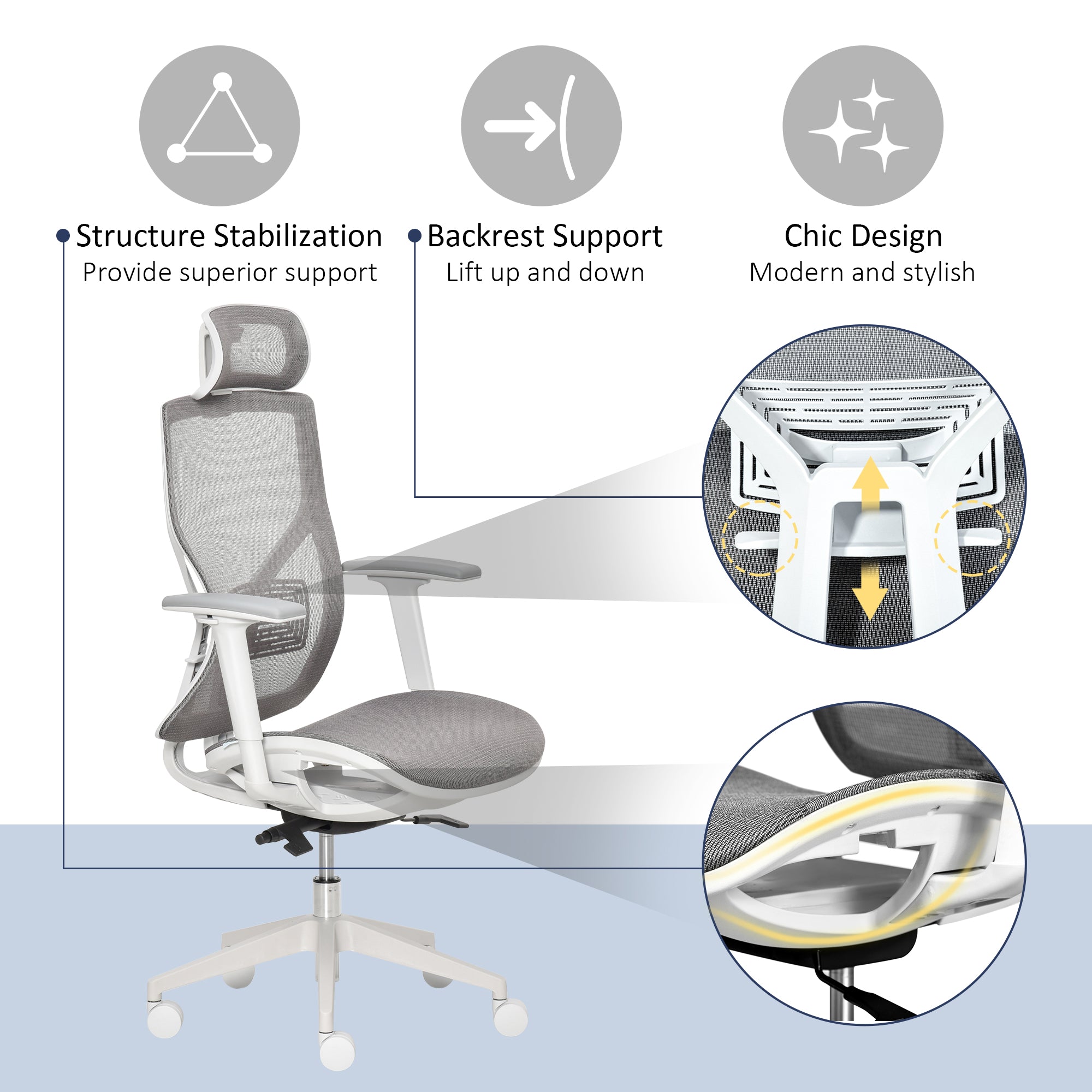 Ergonomic Office Chair with 360° , Wheel, Mesh Back, Adjustable Height & 3D Armrest for Home Office, Grey