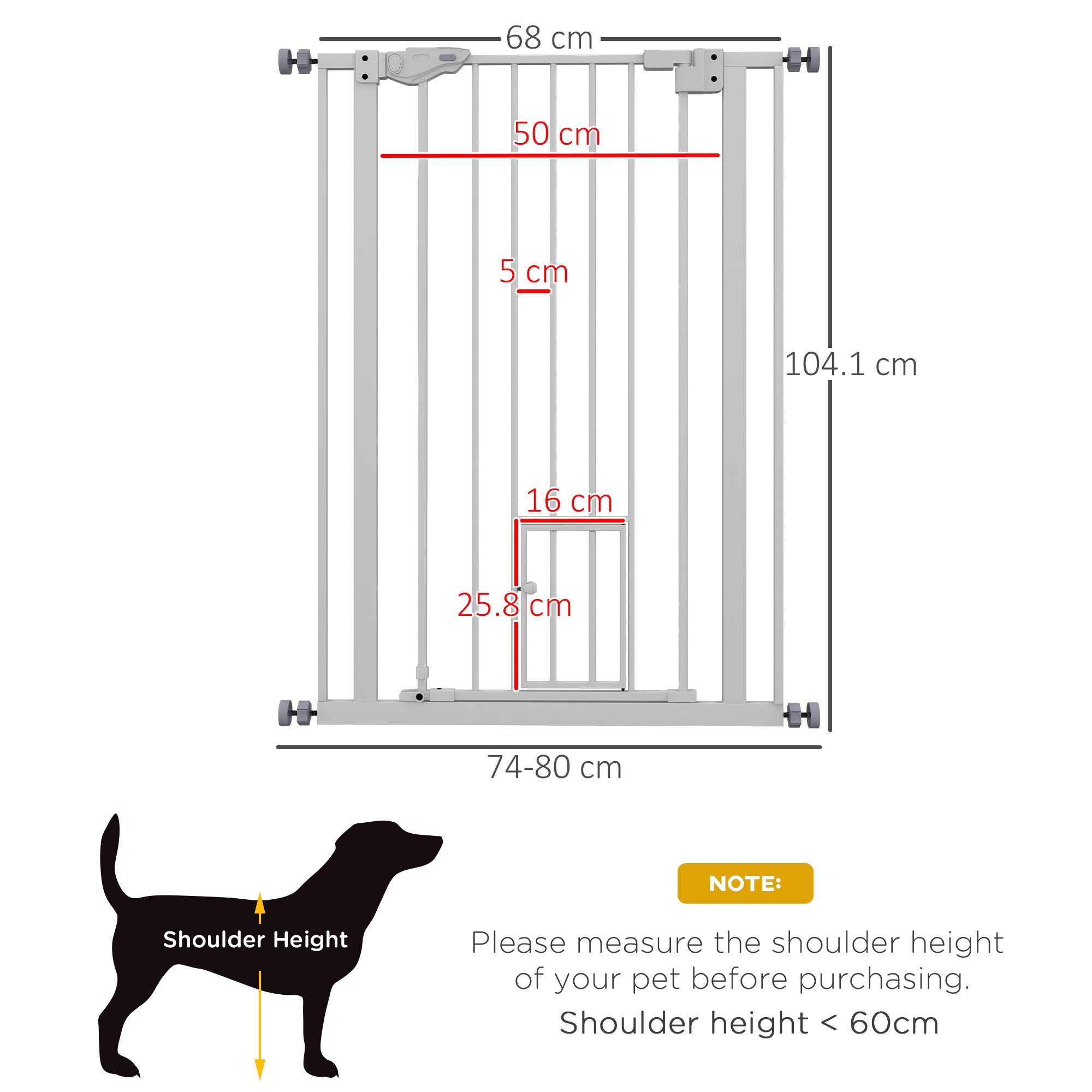 Extra Tall Pet Gate, Indoor Dog Safety Gate, with Cat Flap, Auto Close, 74-80cm Wide - White