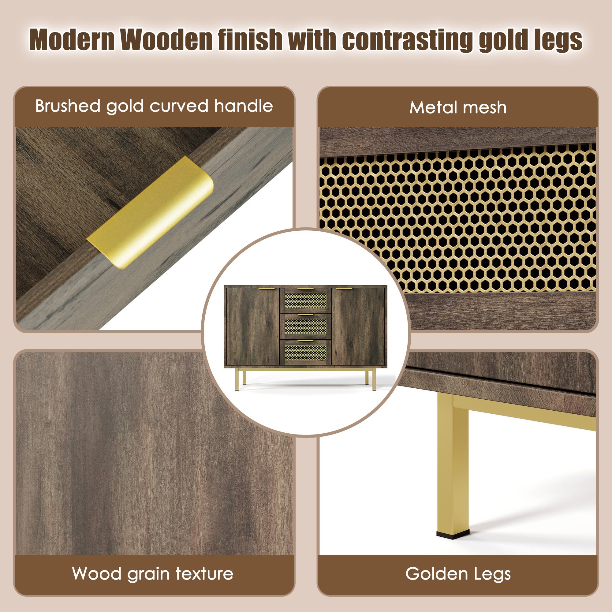 Sideboard Cabinet Dresser with 3 Drawers and 2 Doors, Metal Handles, Multipurpose Storage Cabinet for Hallway, 120L x 40W x 76H cm, Dark Brown