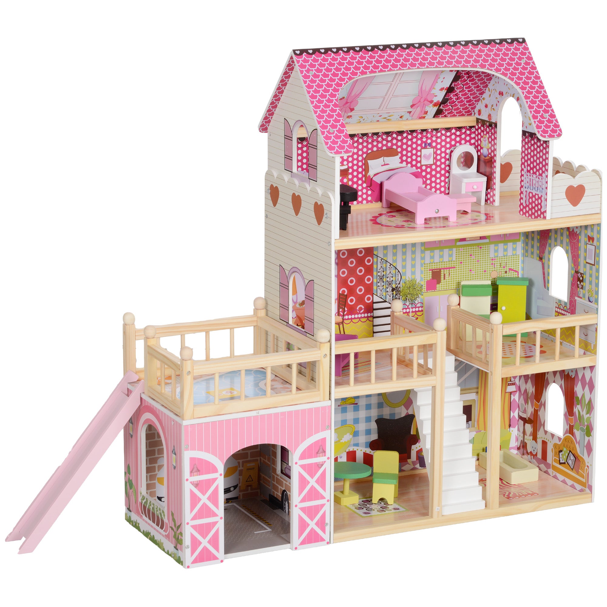 3 Storey Dolls House Play Set with 13 Pieces Wooden Furniture and Accessories for 3-6 Years