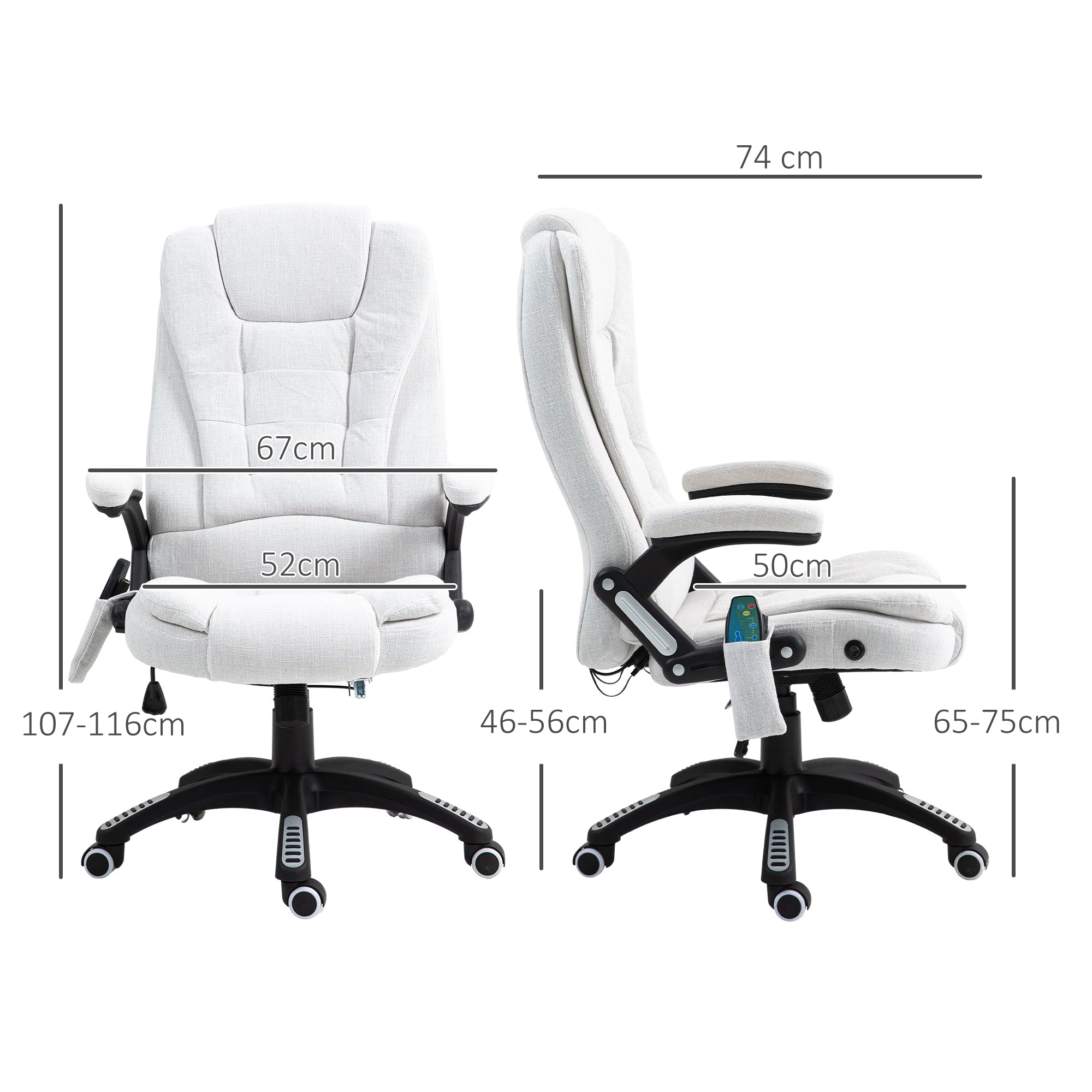 Massage Recliner Chair Heated Office Chair with Six Massage Points Linen-Feel Fabric 360° Swivel Wheels Cream White