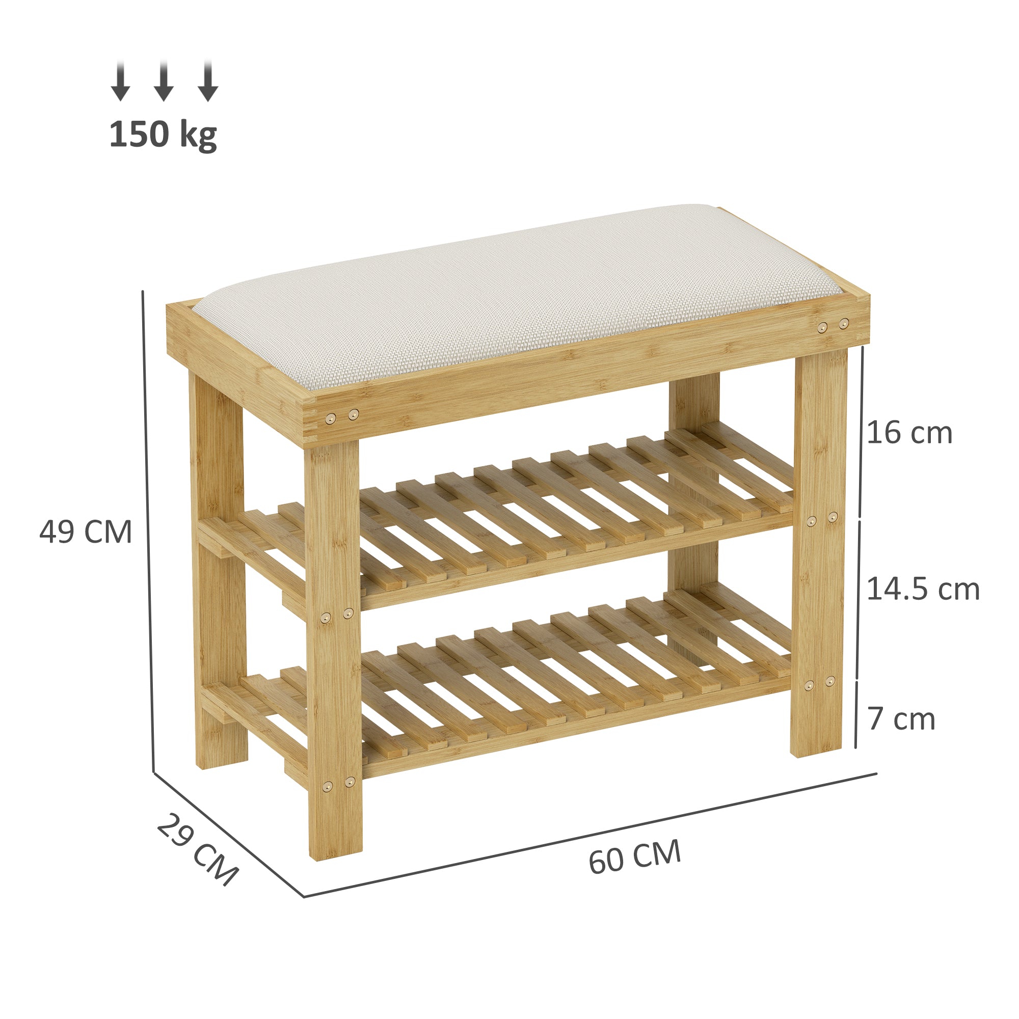 Bamboo Shoe Storage Bench, 3-Tier Shoe Bench with Seat Cushion, Shoe Rack for Entryway, Hallway, Living Room, Bedroom, Cream White