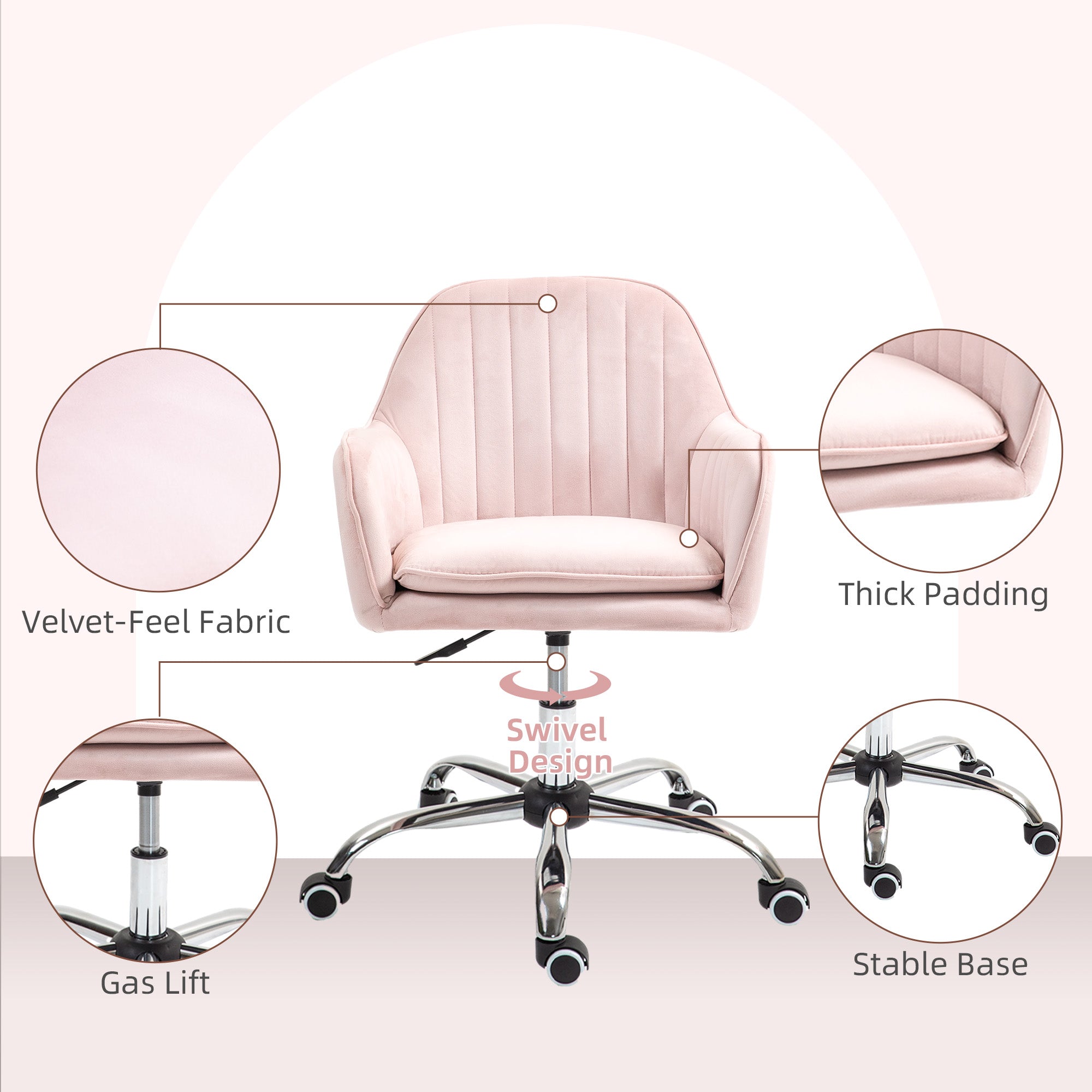 Velvet-Feel Tub Office Chair, with Seat Cushion - Pink