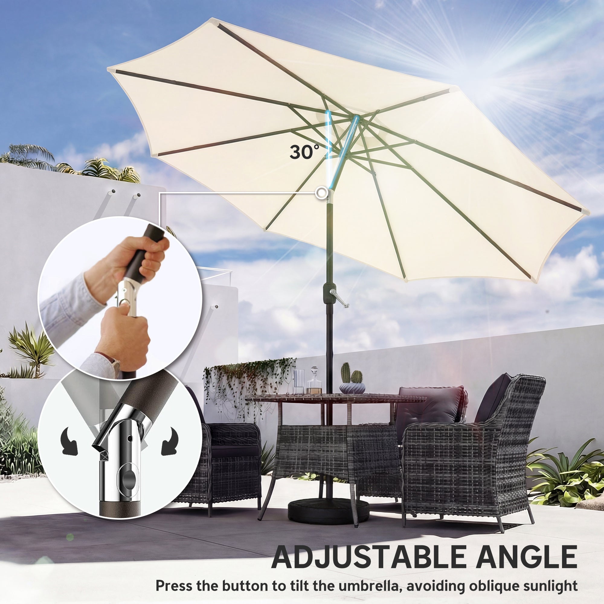2.7 m Garden Parasol Umbrella with Cross Base and Sandbag, Retractable Ribs, Outdoor Table Market Umbrella, Cream White