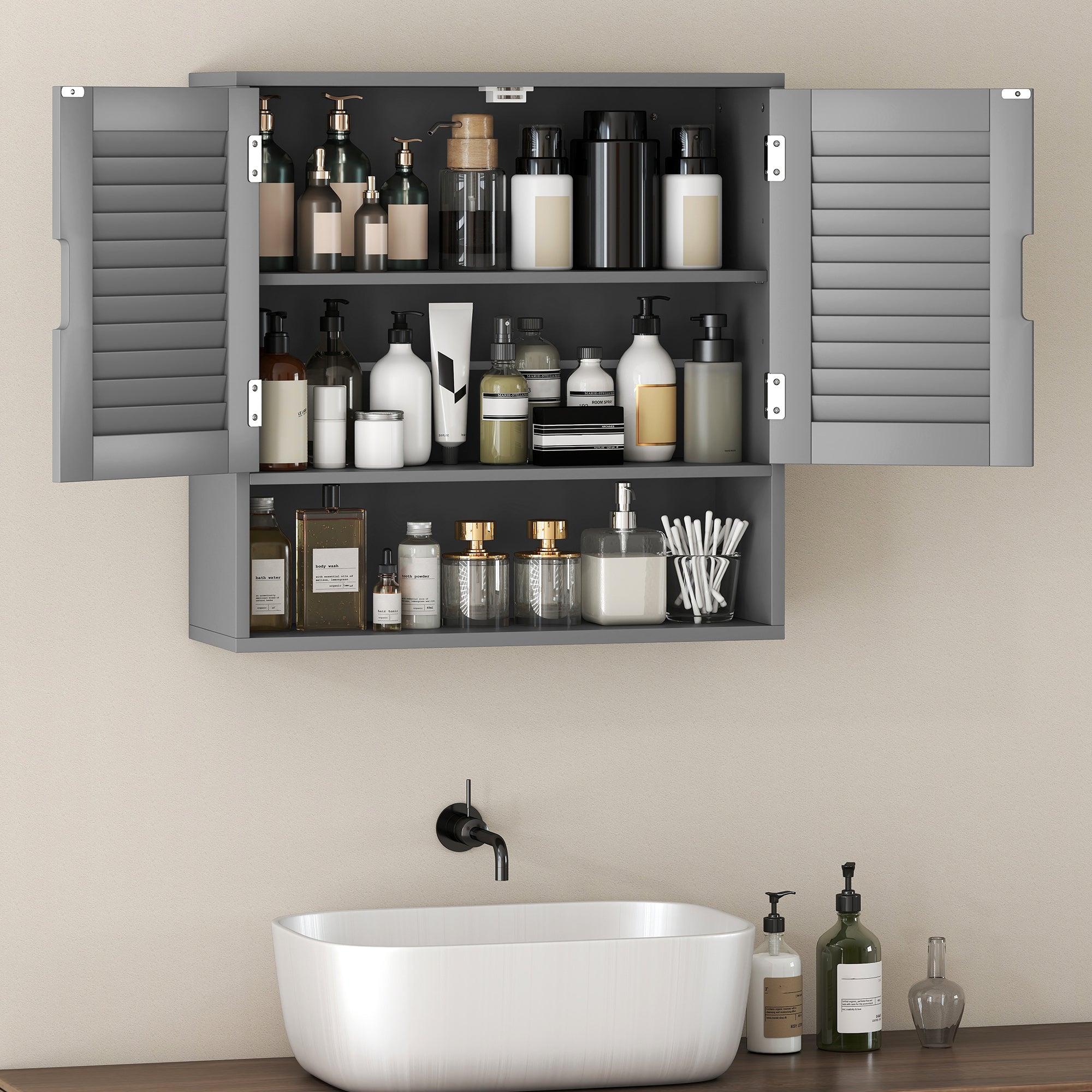 Bathroom Cabinet, Wall Mounted Storage Cabinet with Adjustable Shelves, 60 x 20 x 60 cm, Grey