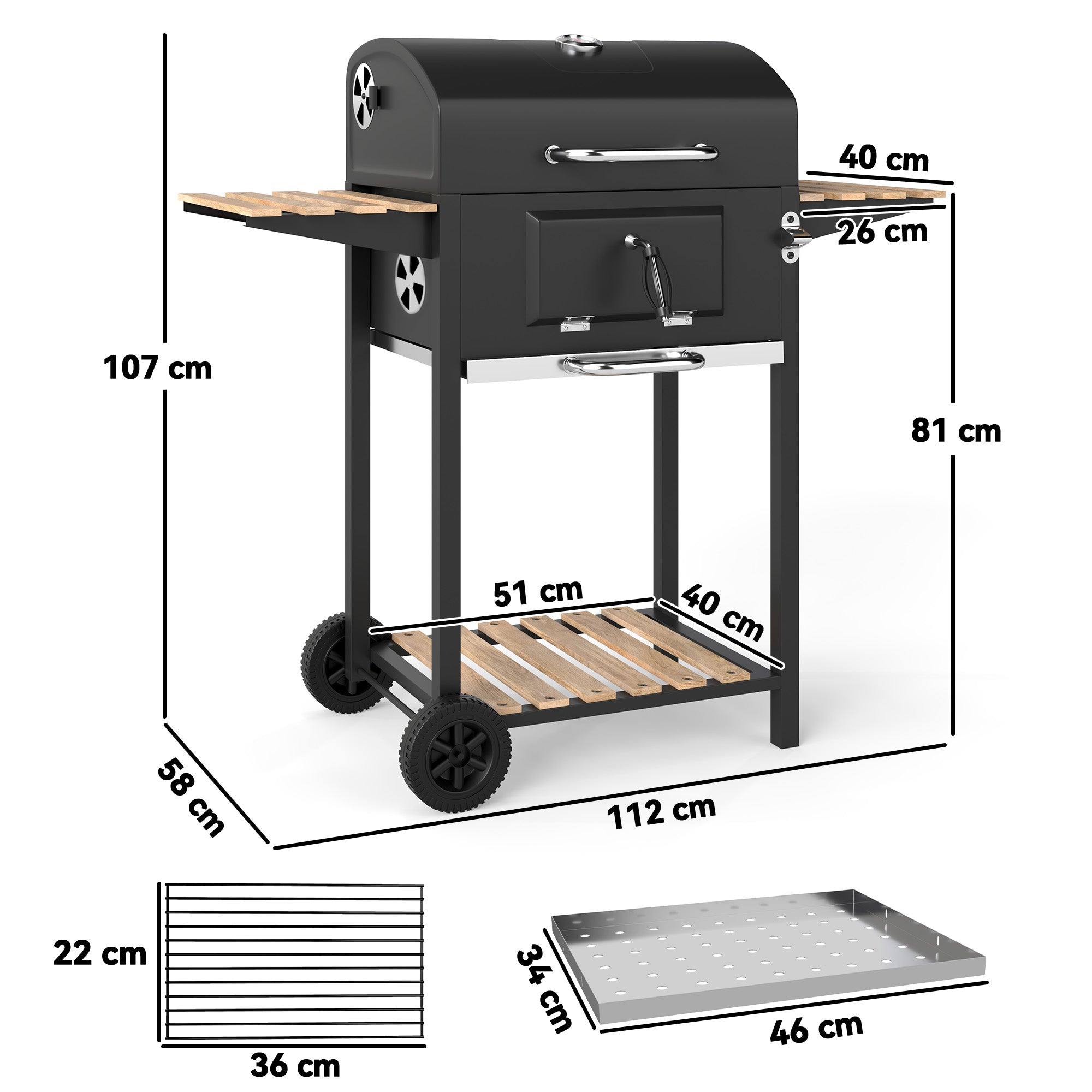 Portable Charcoal BBQ Grill with Adjustable Pan and Temperature Gauge - Black