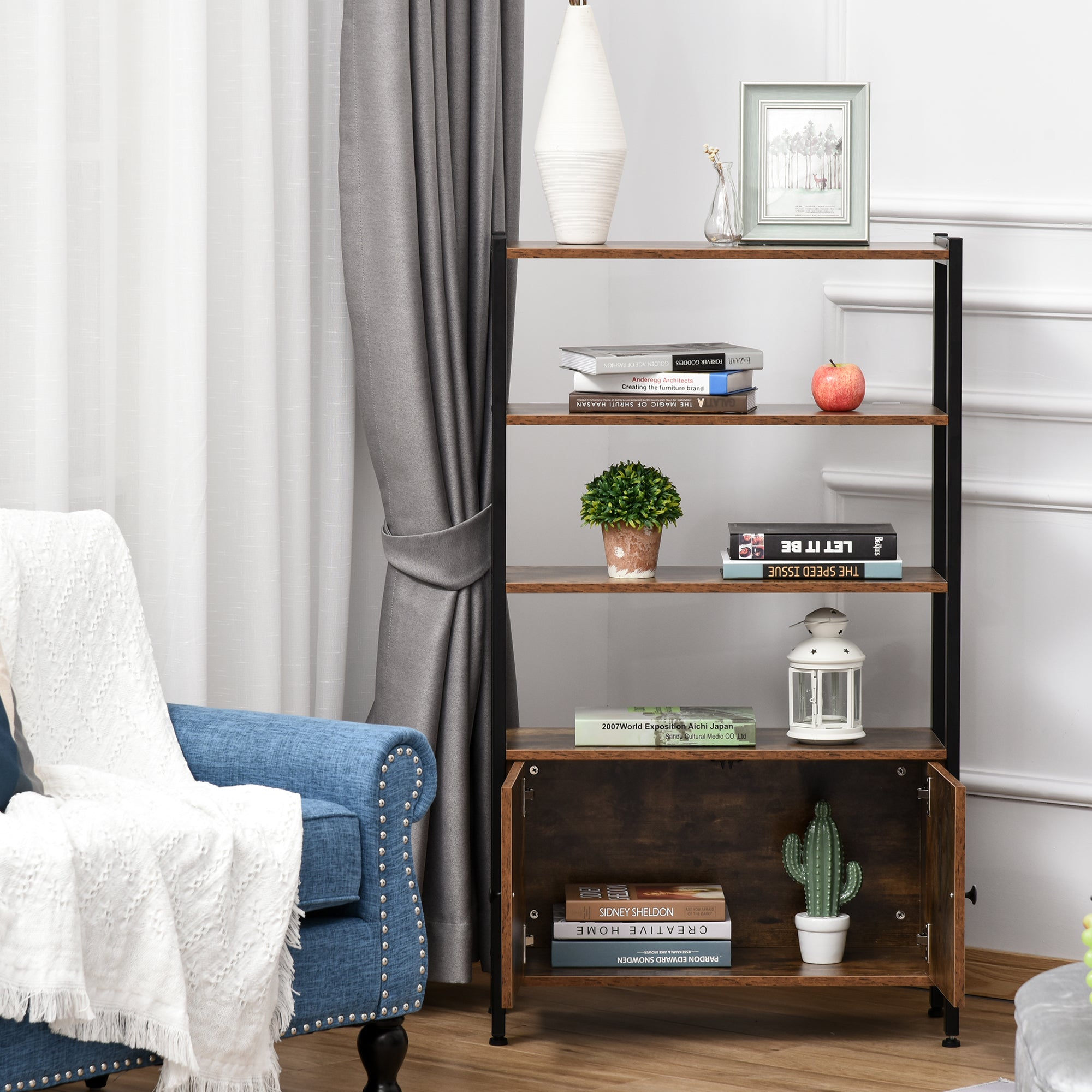 Industrial Bookshelf, Storage Cabinet with 3-Tier with Doors, for Home Office, Living Room Rustic Brown