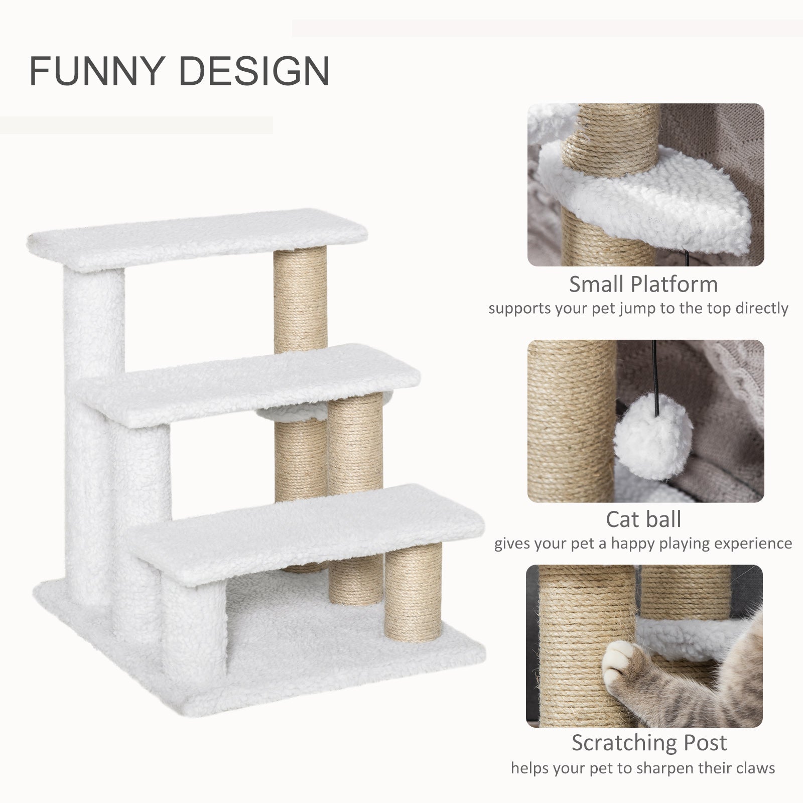 Pet Stair with 3-step Climb Ladder, Scratching Posts, Platforms, Toy Ball, for Indoor Elderly Cats Kittens, White