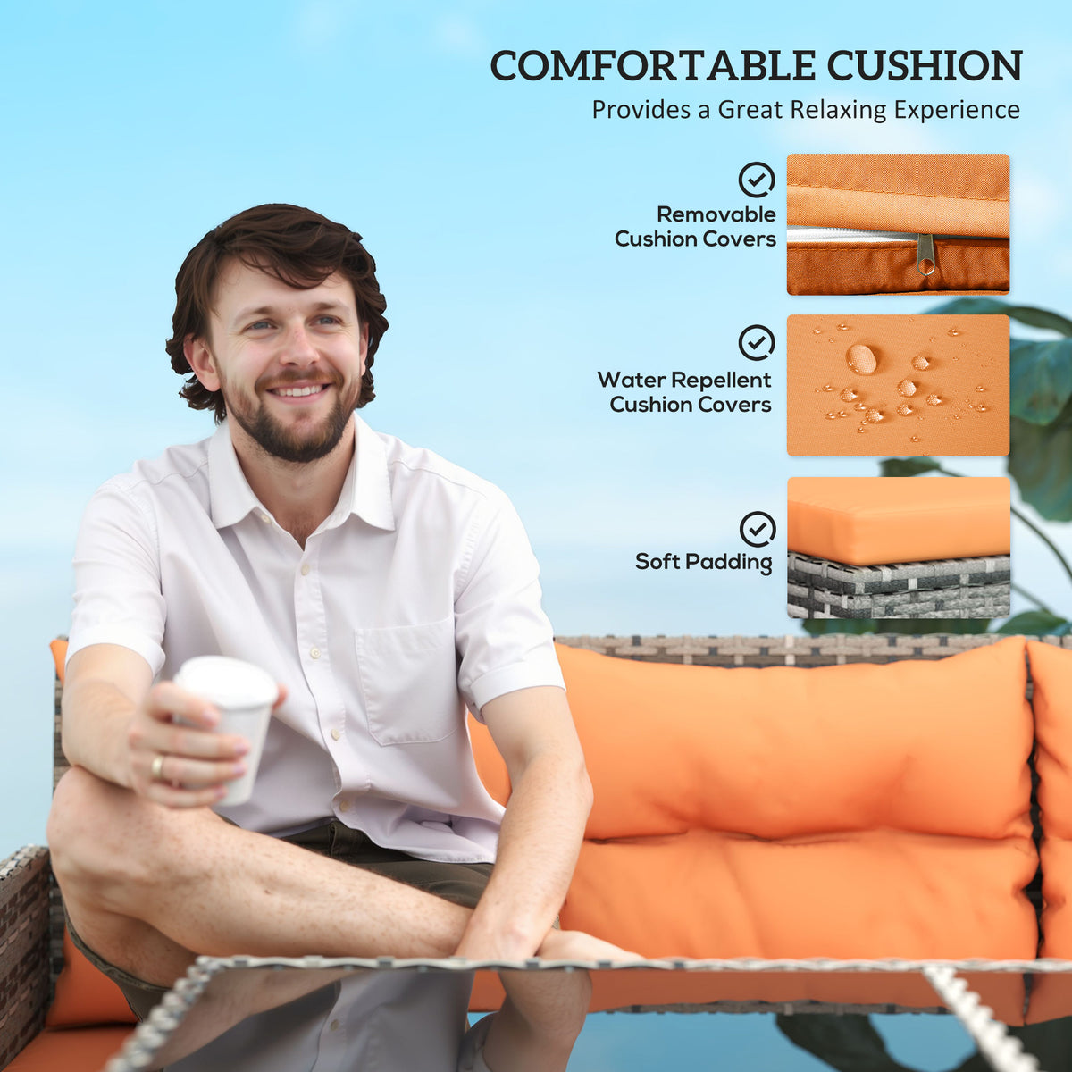 7-Seater Patio Wicker Rattan Sofa Set with Glass Table & Cushions - Orange