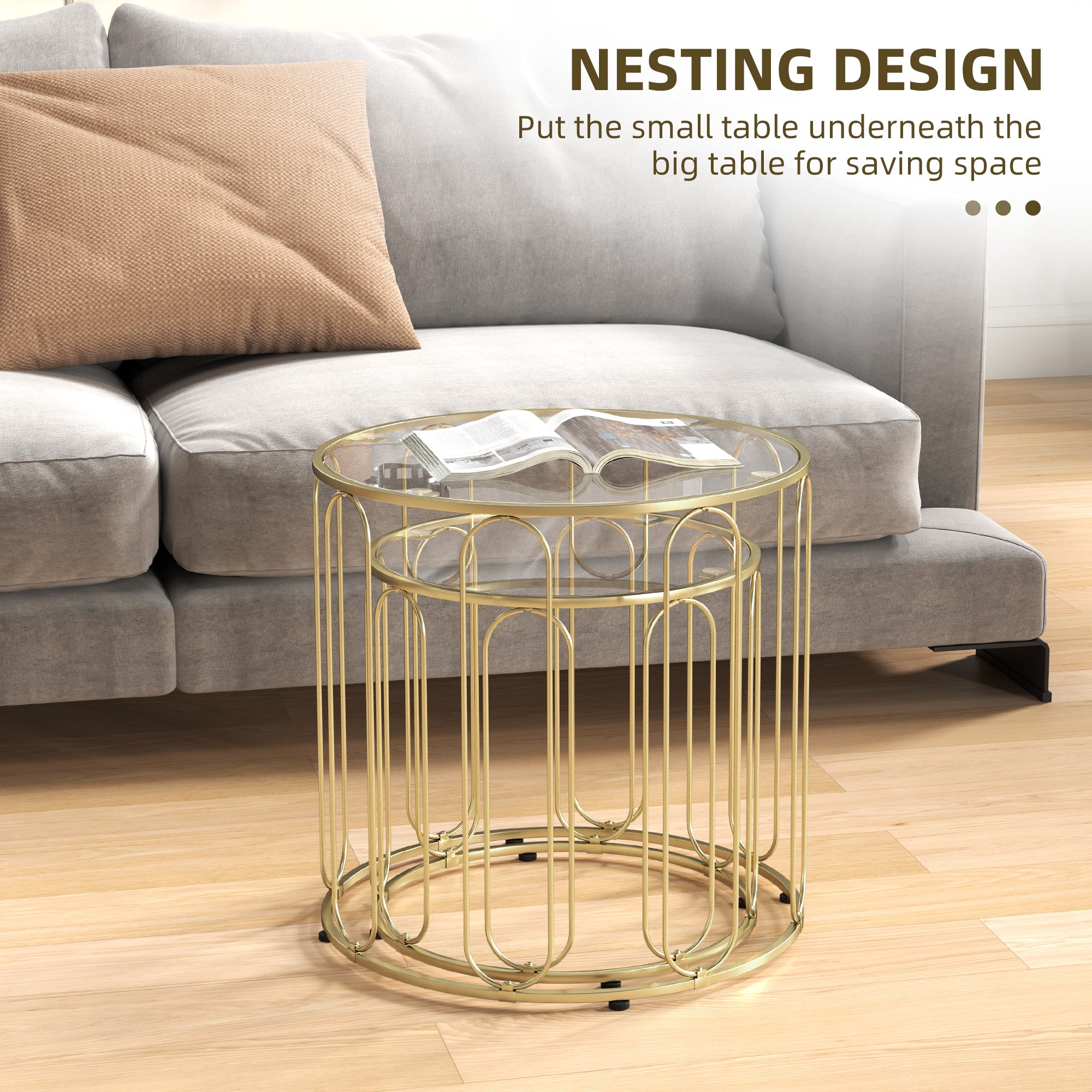 Elliptical Cut-Out Nesting Coffee Tables with Tempered Glass Tops - Gold-Tone