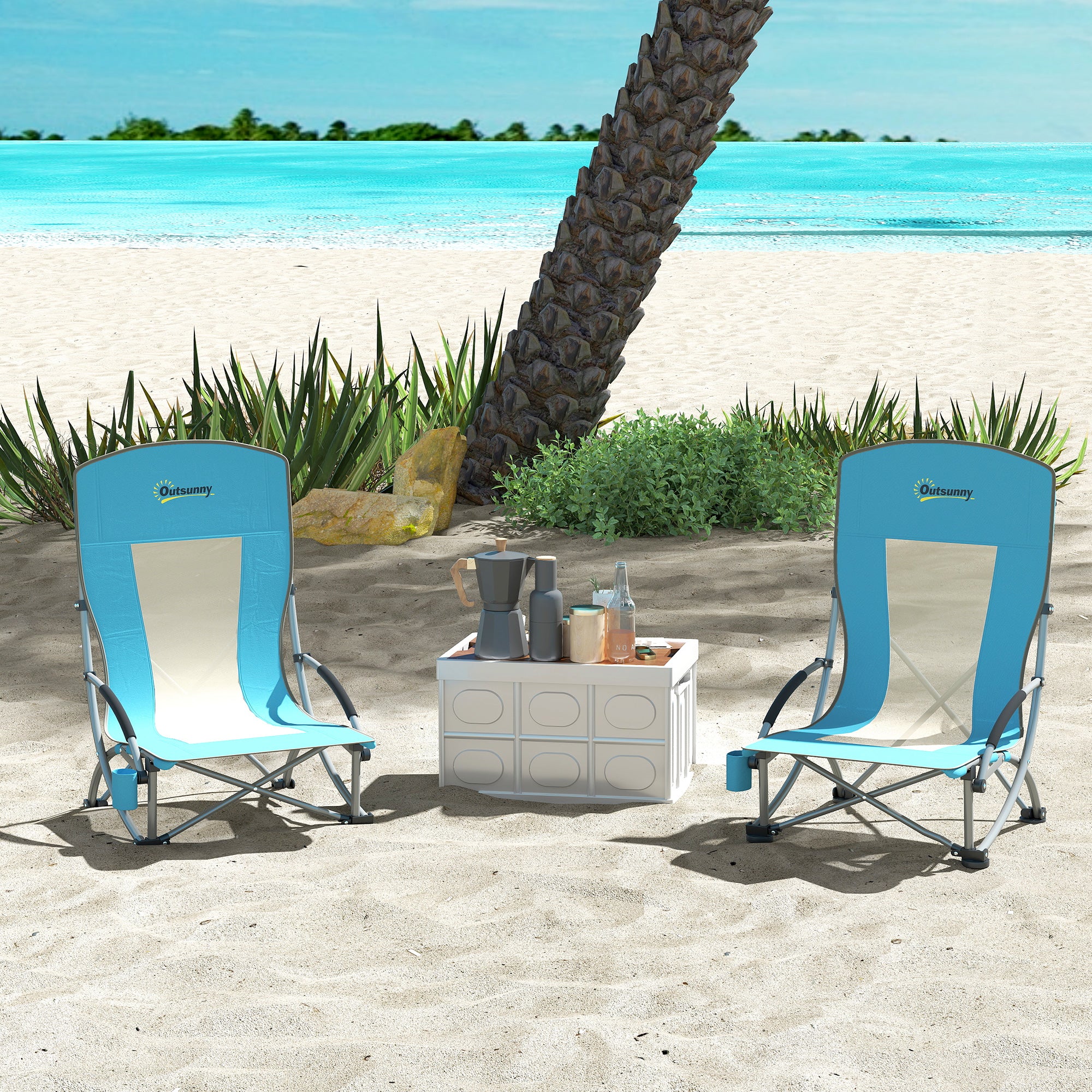 Set of 2 Folding Beach Chair, Low Camping Chair with Mesh Back, Carry Bag and Cup Holder for Garden Outdoor Picnic Festival Travel, Blue