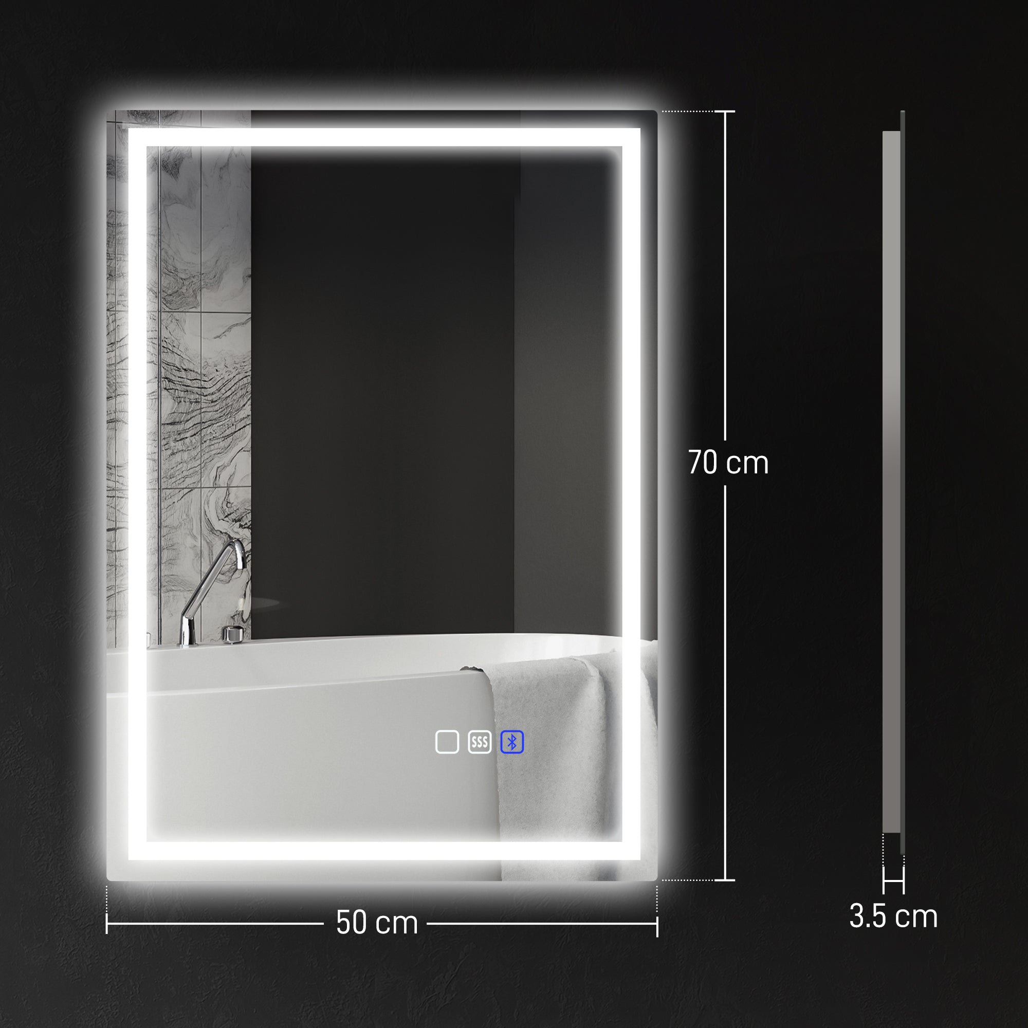 50 x 70 cm Anti-Fog LED Bathroom Mirror, with Bluetooth - Silver Tone