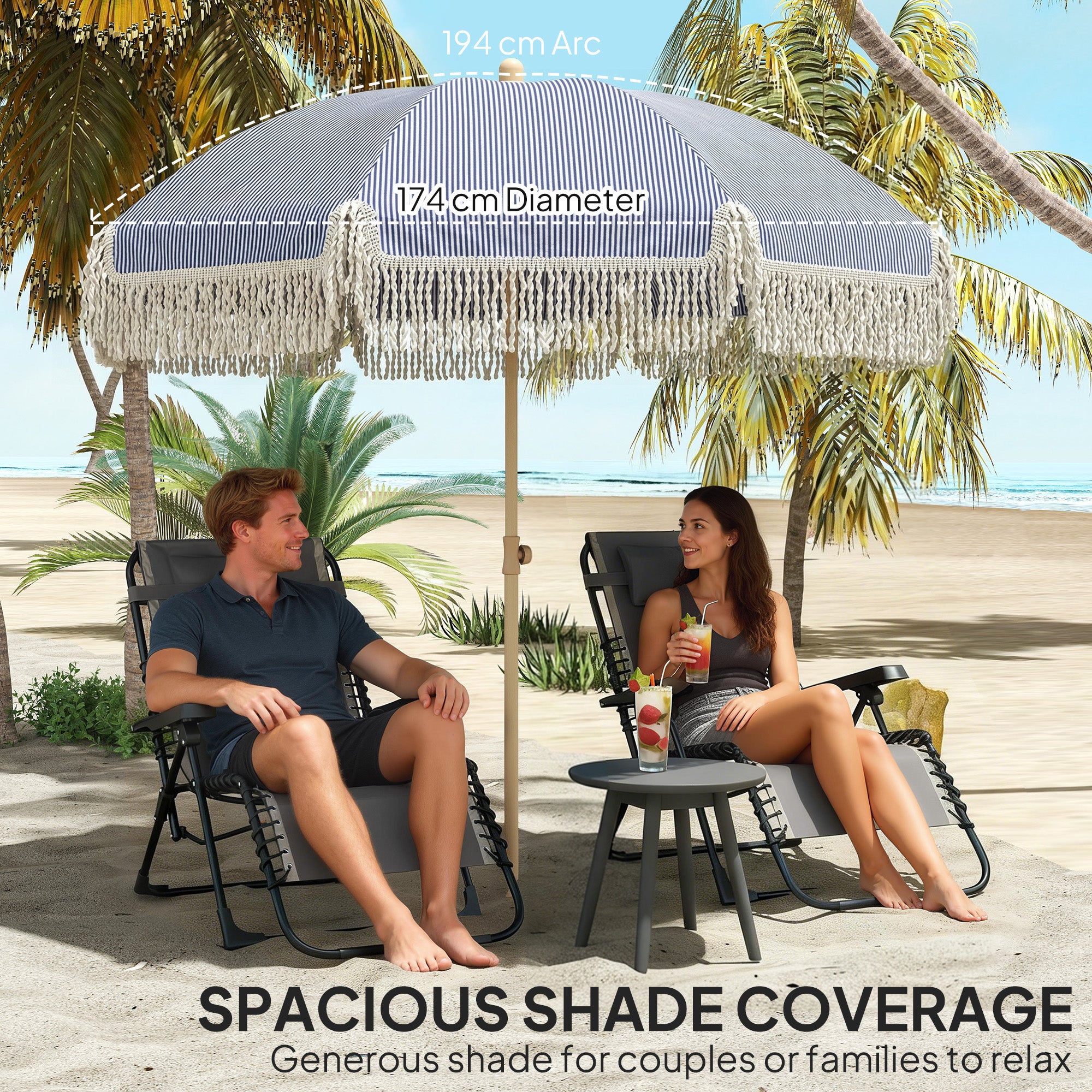 1.7 m Beach Umbrella with Sand Anchor, 30° Tilting Fringed Beach Garden Parasol with Adjustable Height, Blue