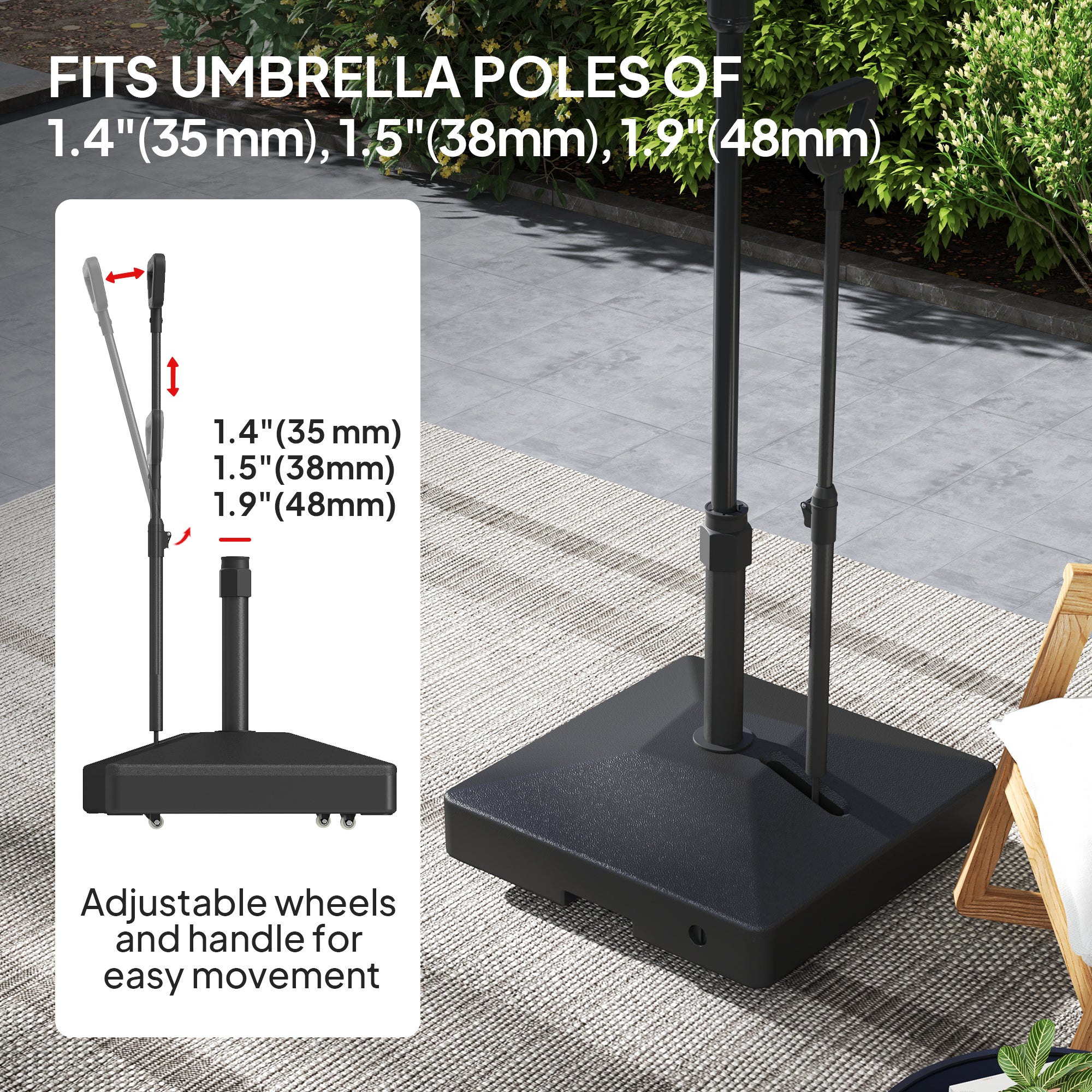 Garden Parasol Base with Adjustable Wheels and Handle, Garden Sun Umbrella Base Parasol Stand, Filled Up to 55kg with Stand, 45kg with Water for 35, 38, 48 mm Poles, Black