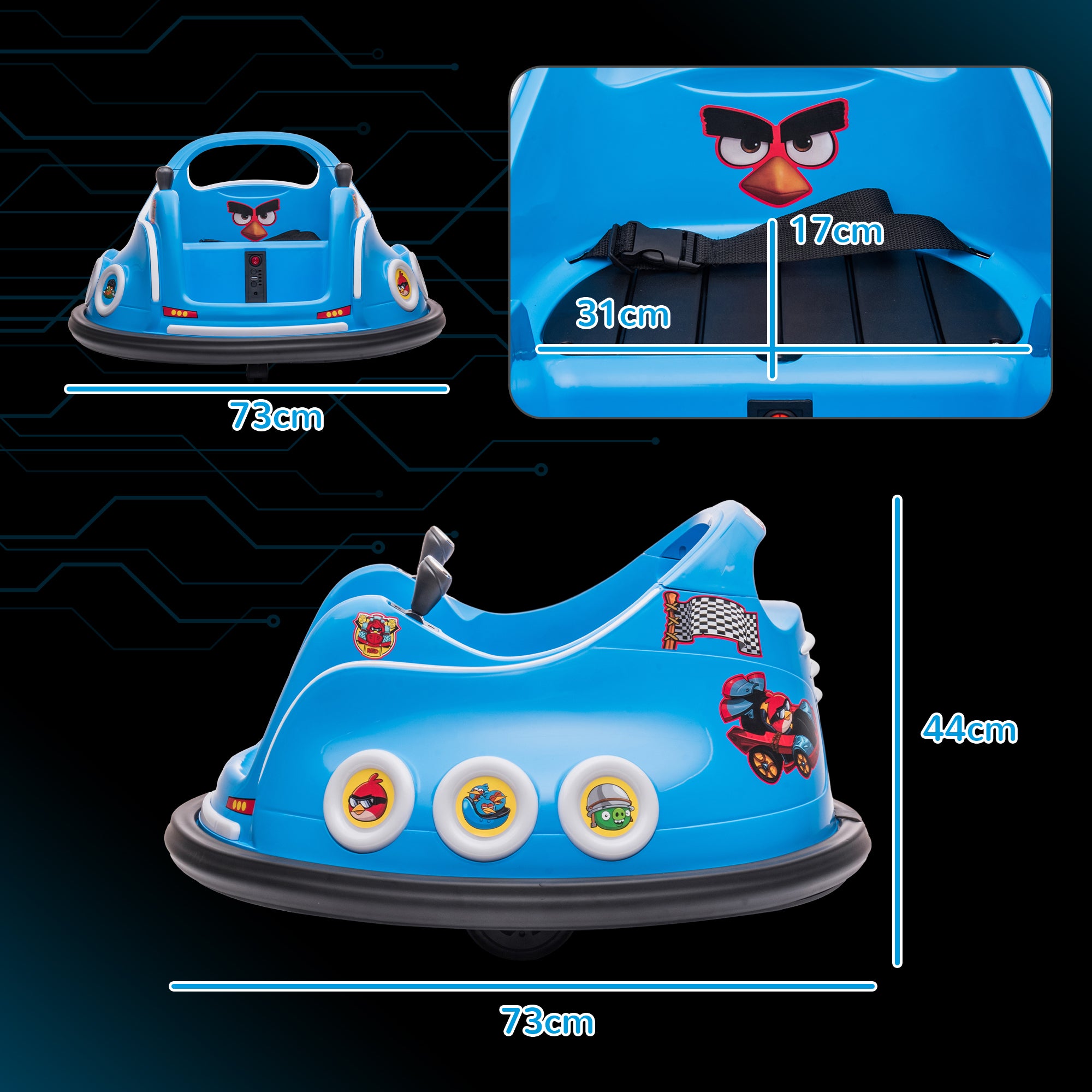 Angry Bird Licensed 12V Kids Bumper Waltzer Car with Remote, Joysticks, Music & LED Lights - Blue
