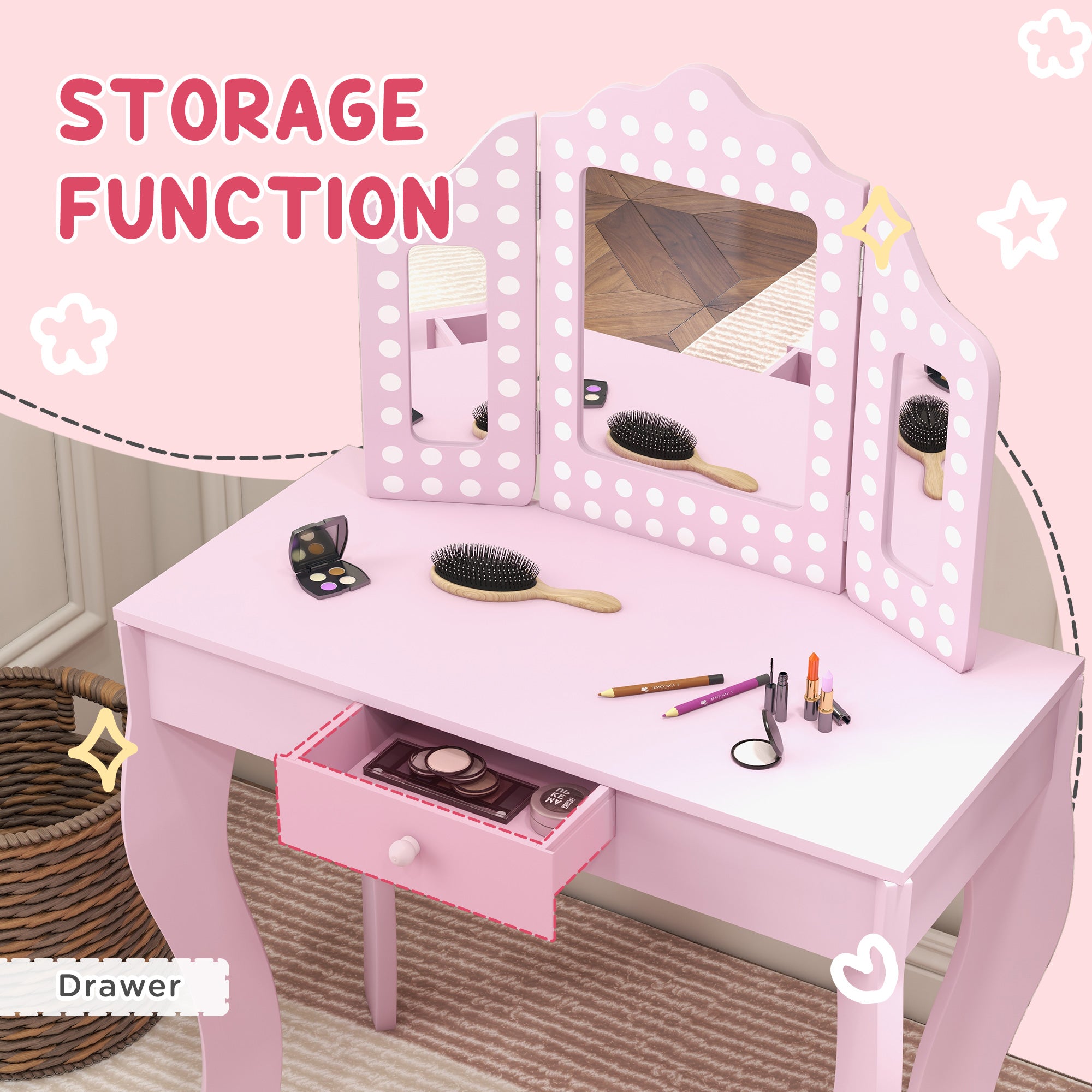 Kids Dressing Table Sets with Stool and Tri-Fold Mirror, Drawer for Playroom, Bedroom - Pink